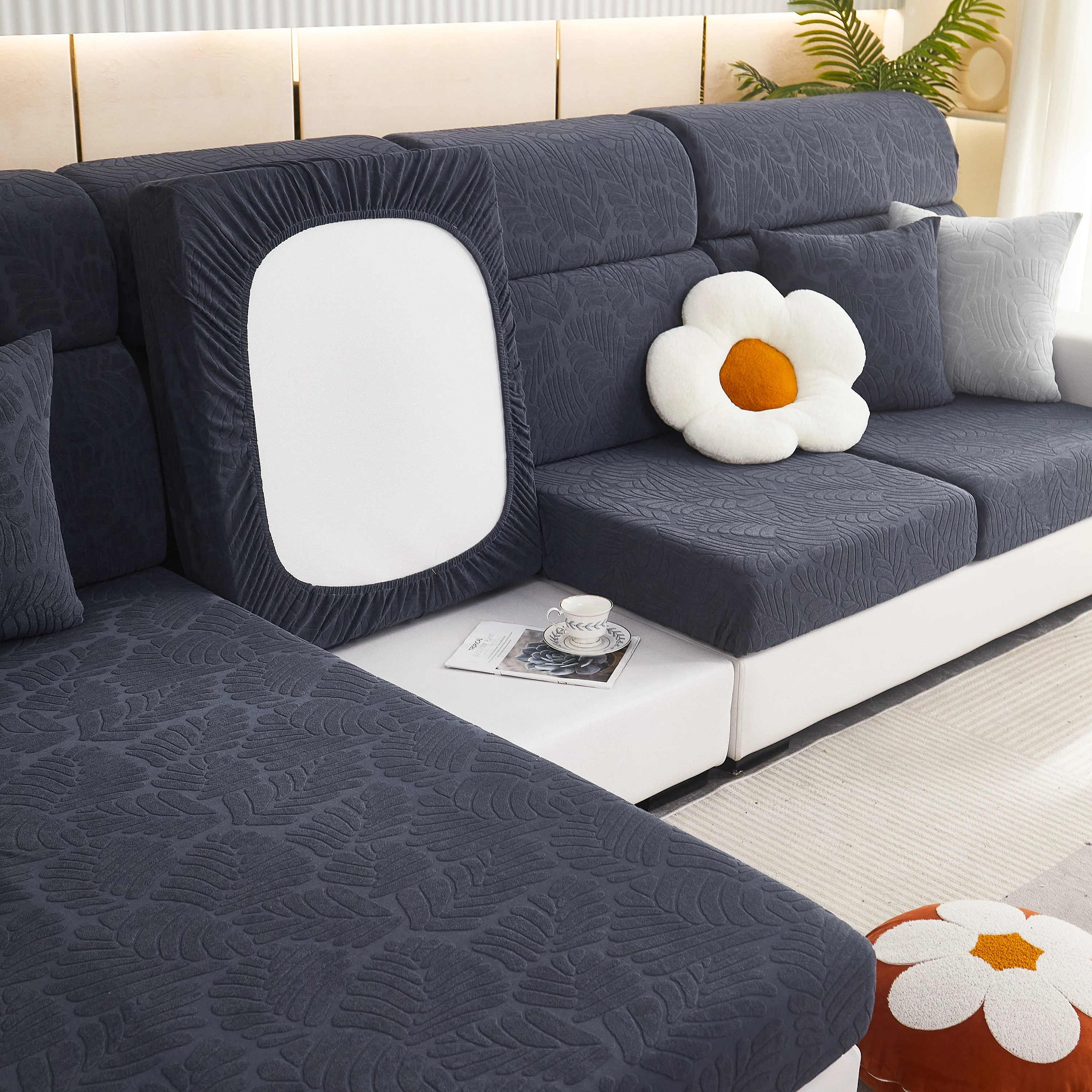 Leaf Pattern Jacquard Fabric Stretchable Cushion Cover, Non-Slip Furniture Protector for Kids, L Shaped Couch Covers - Image 60