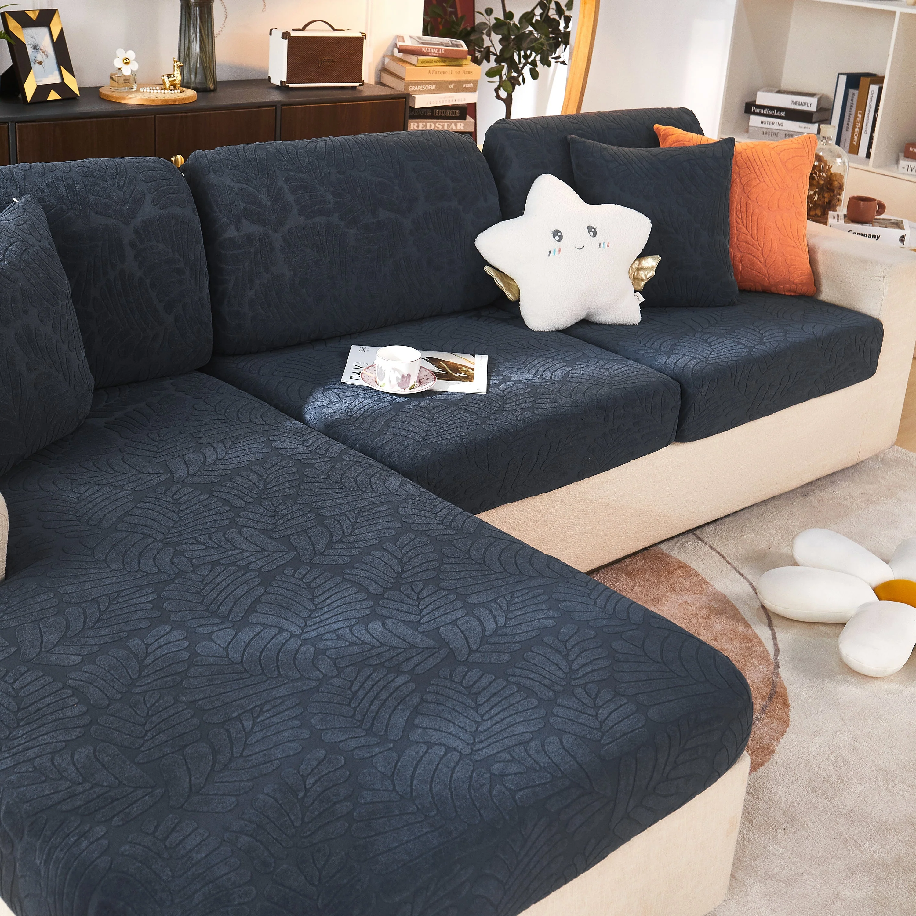Leaf Pattern Jacquard Fabric Stretchable Cushion Cover, Non-Slip Furniture Protector for Kids, L Shaped Couch Covers - Image 9