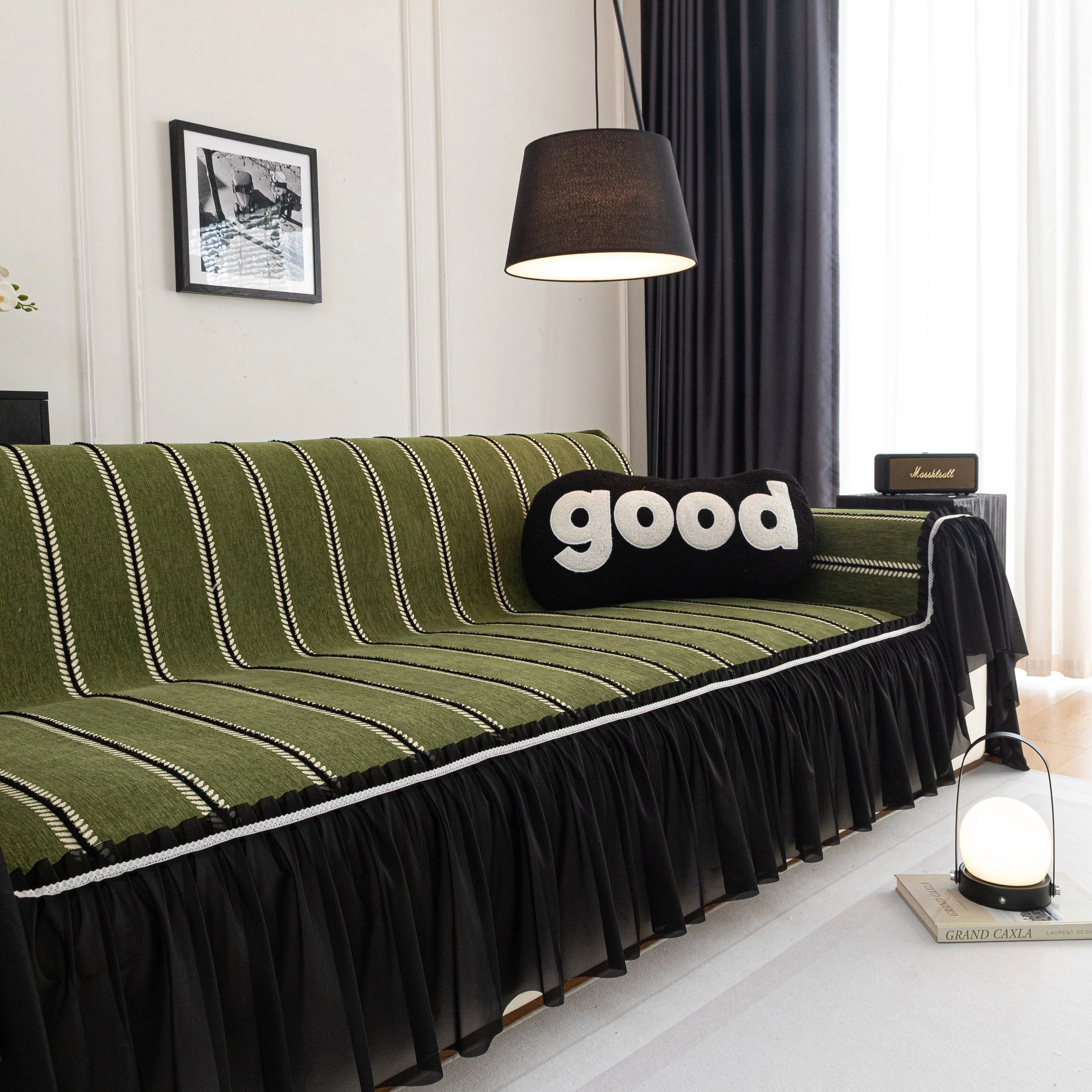 Leaf Stripe Sofa Cover with Black Sheer Skirt, Boho Soft Couch Slipcover for Pets - Image 11