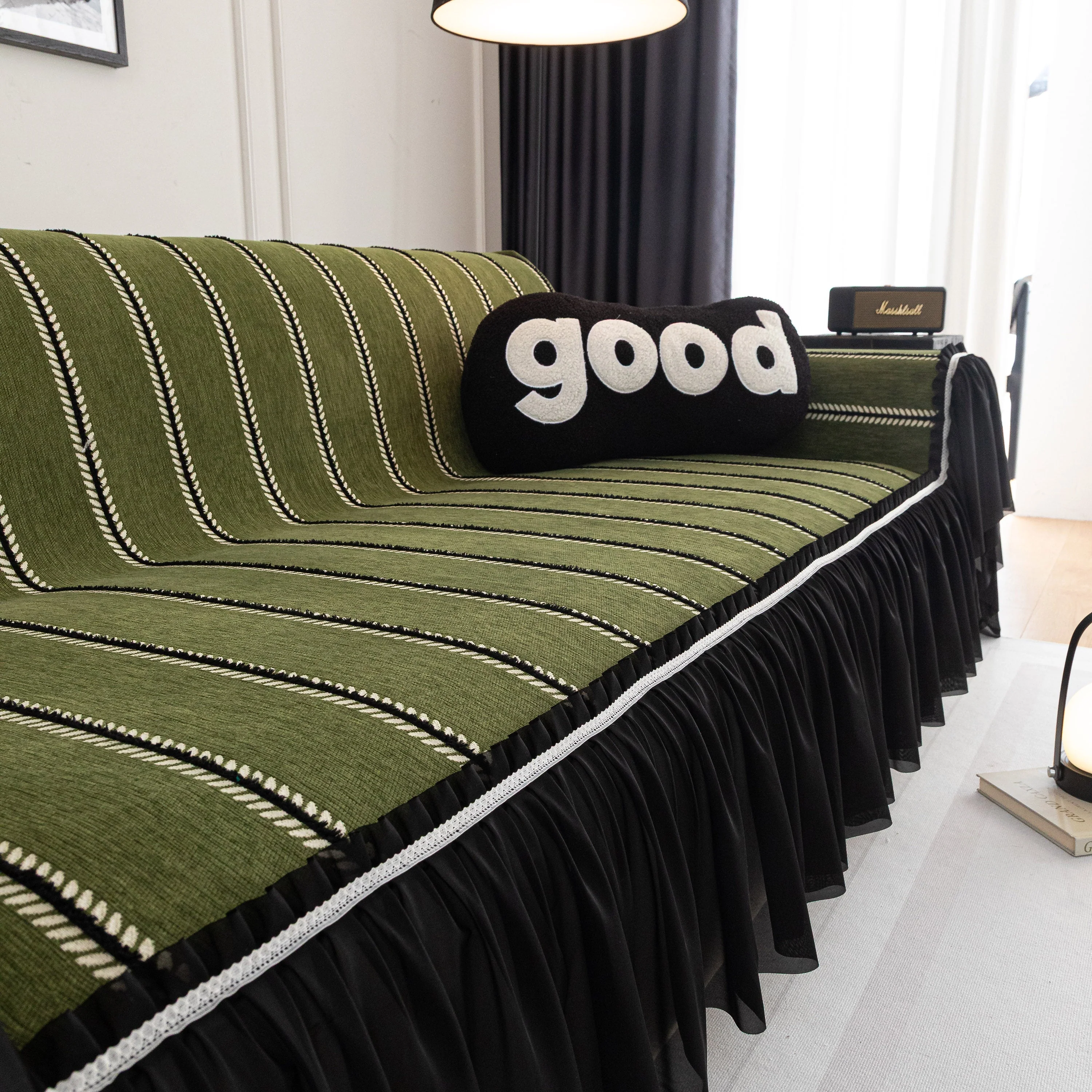 Leaf Stripe Sofa Cover with Black Sheer Skirt, Boho Soft Couch Slipcover for Pets - Image 12