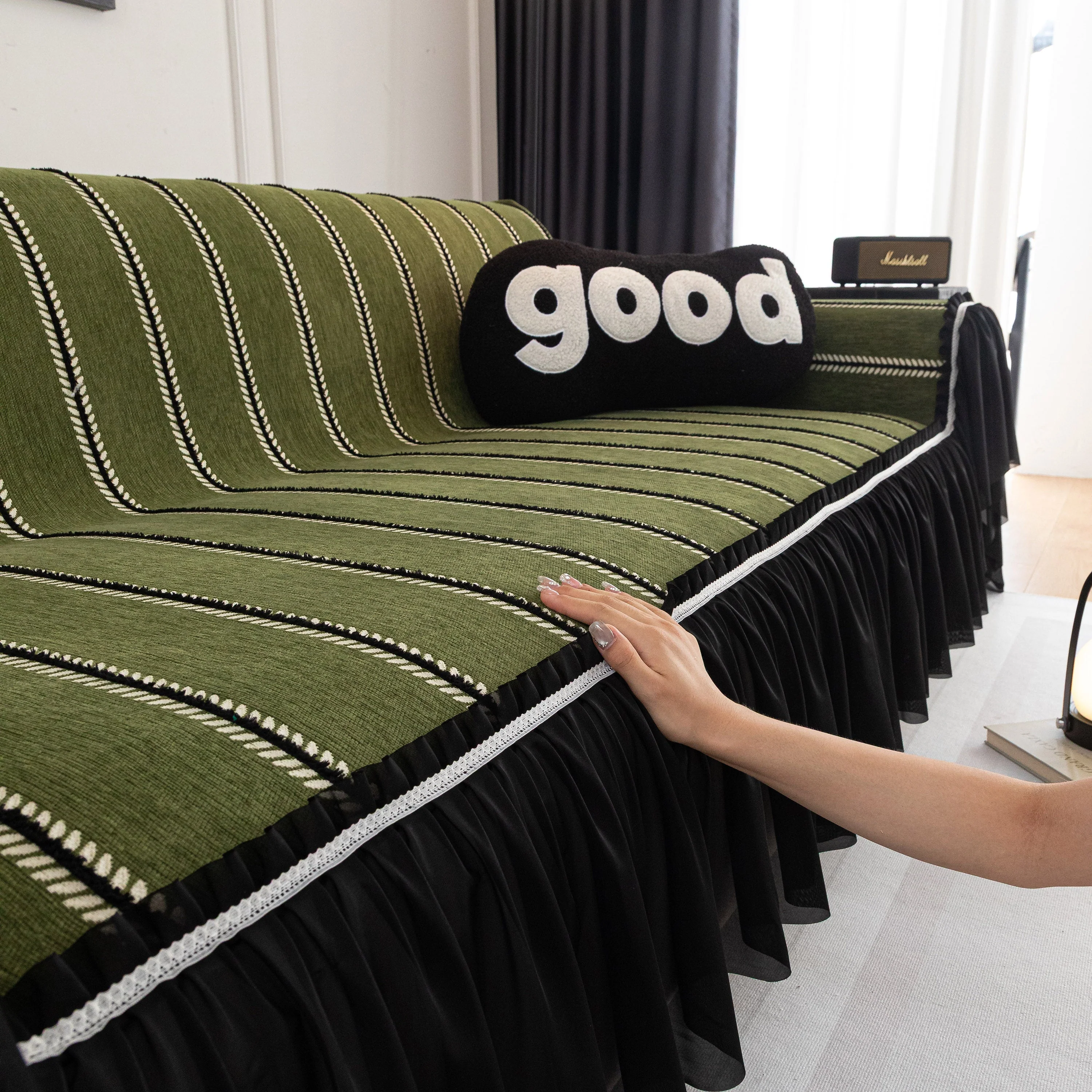 Leaf Stripe Sofa Cover with Black Sheer Skirt, Boho Soft Couch Slipcover for Pets - Image 13