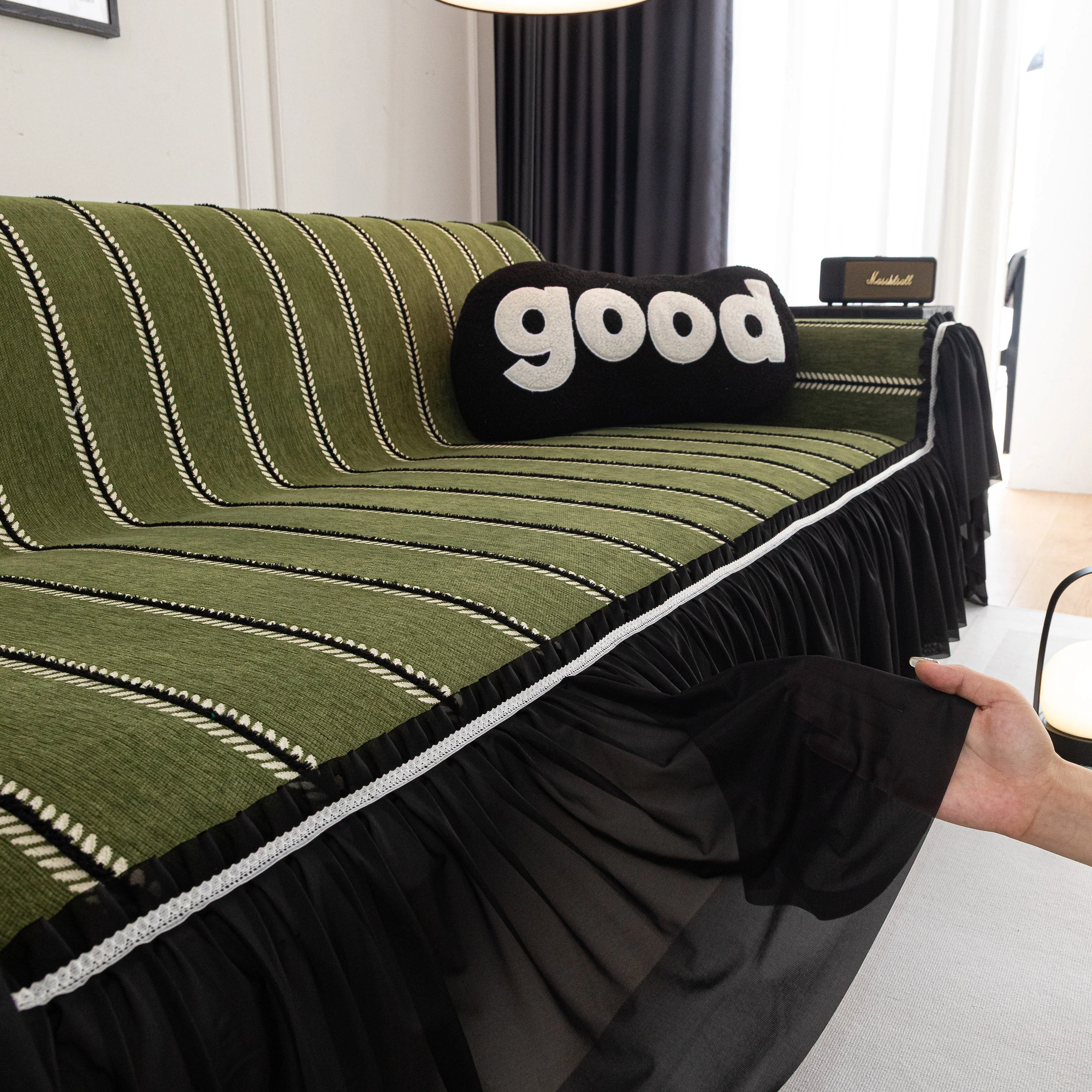 Leaf Stripe Sofa Cover with Black Sheer Skirt, Boho Soft Couch Slipcover for Pets - Image 15