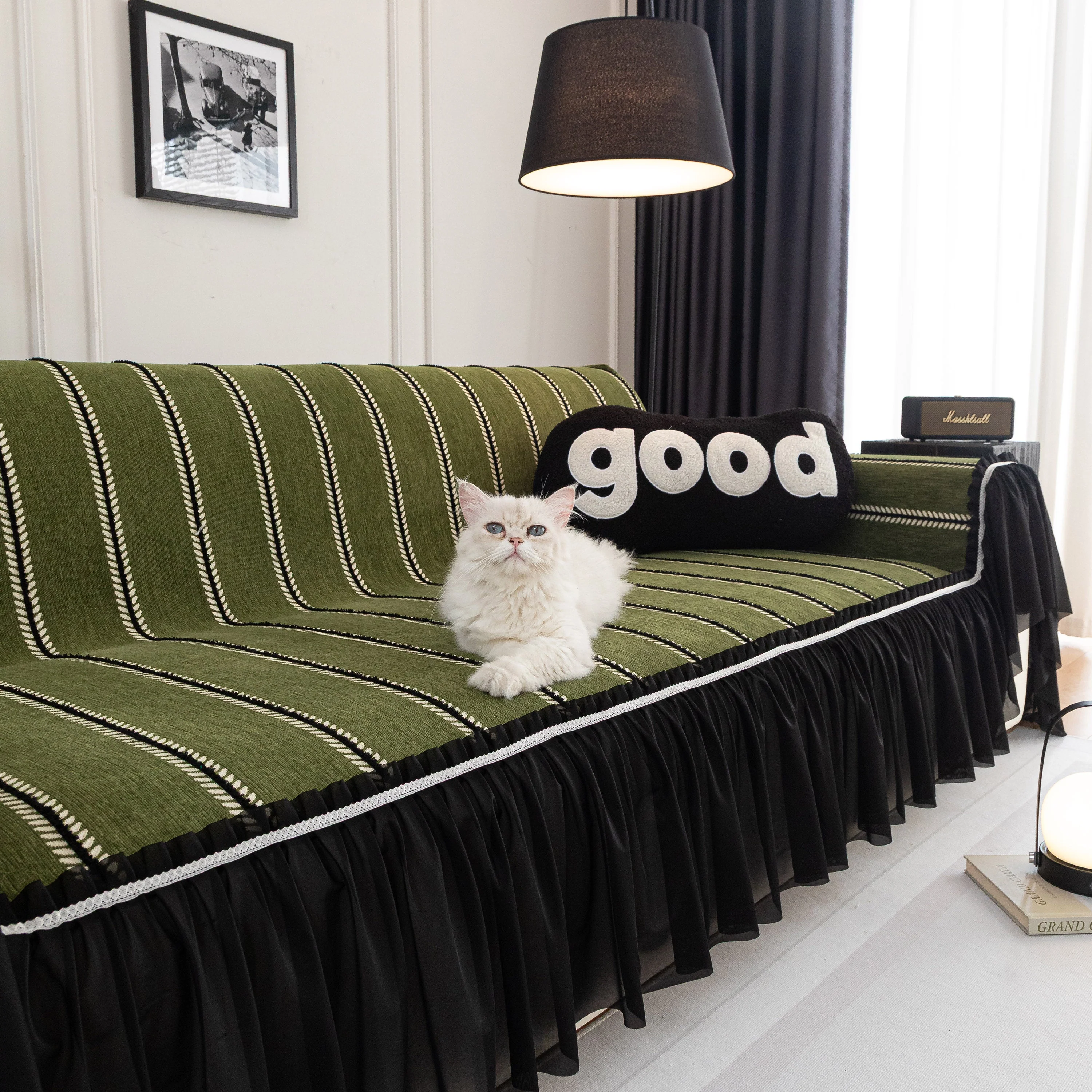 Leaf Stripe Sofa Cover with Black Sheer Skirt, Boho Soft Couch Slipcover for Pets - Image 16