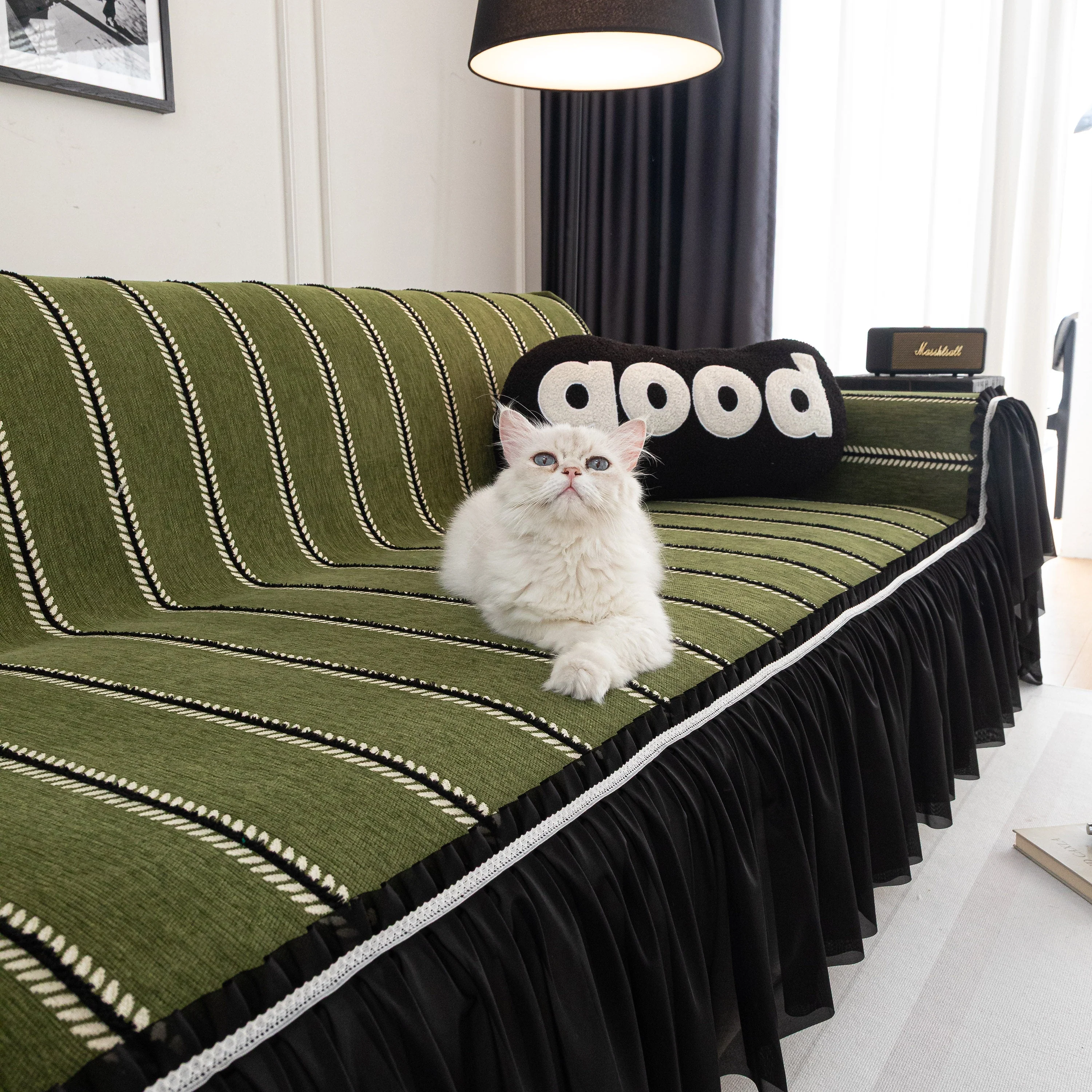Leaf Stripe Sofa Cover with Black Sheer Skirt, Boho Soft Couch Slipcover for Pets - Image 17