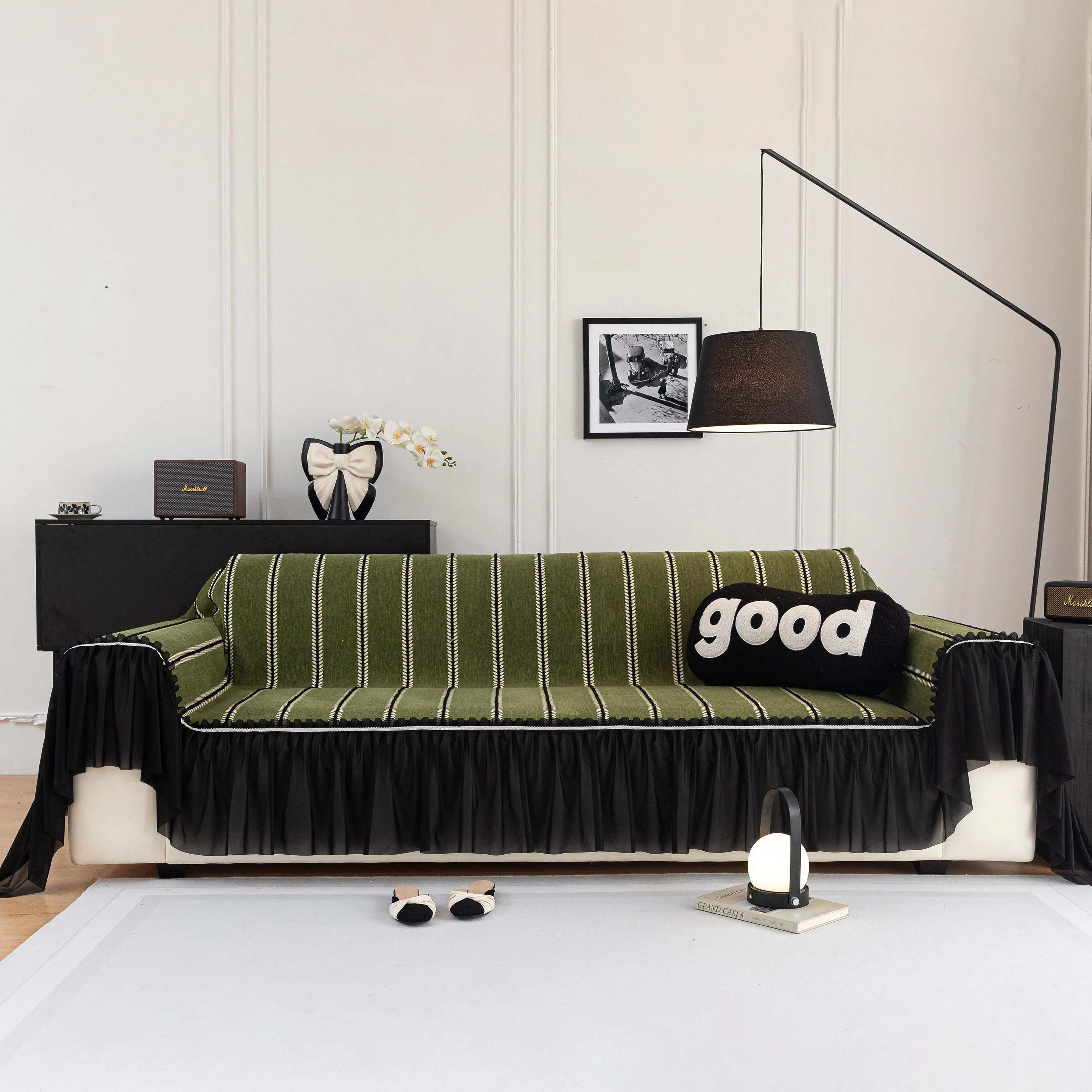 Leaf Stripe Sofa Cover with Black Sheer Skirt, Boho Soft Couch Slipcover for Pets - Image 2