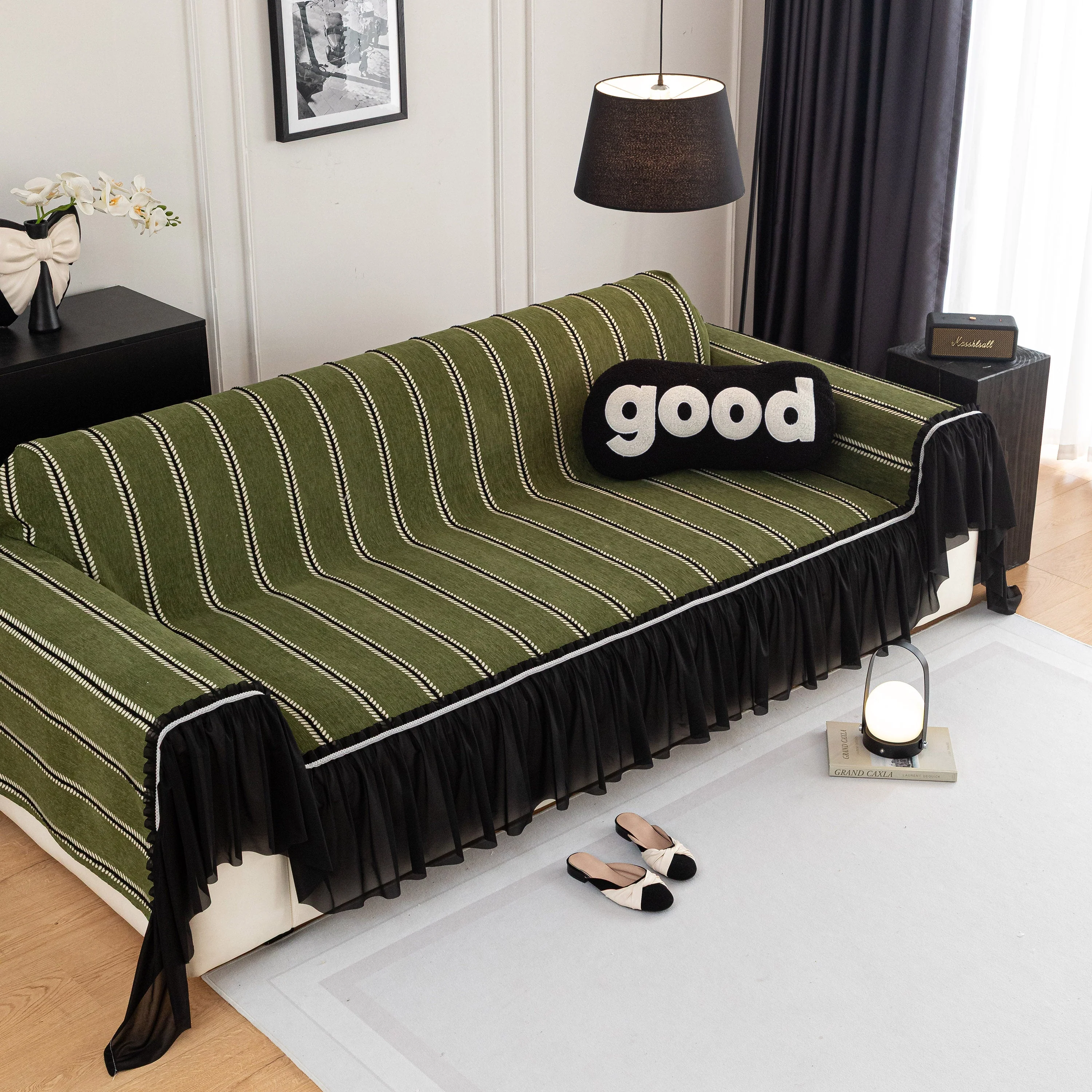Leaf Stripe Sofa Cover with Black Sheer Skirt, Boho Soft Couch Slipcover for Pets - Image 21