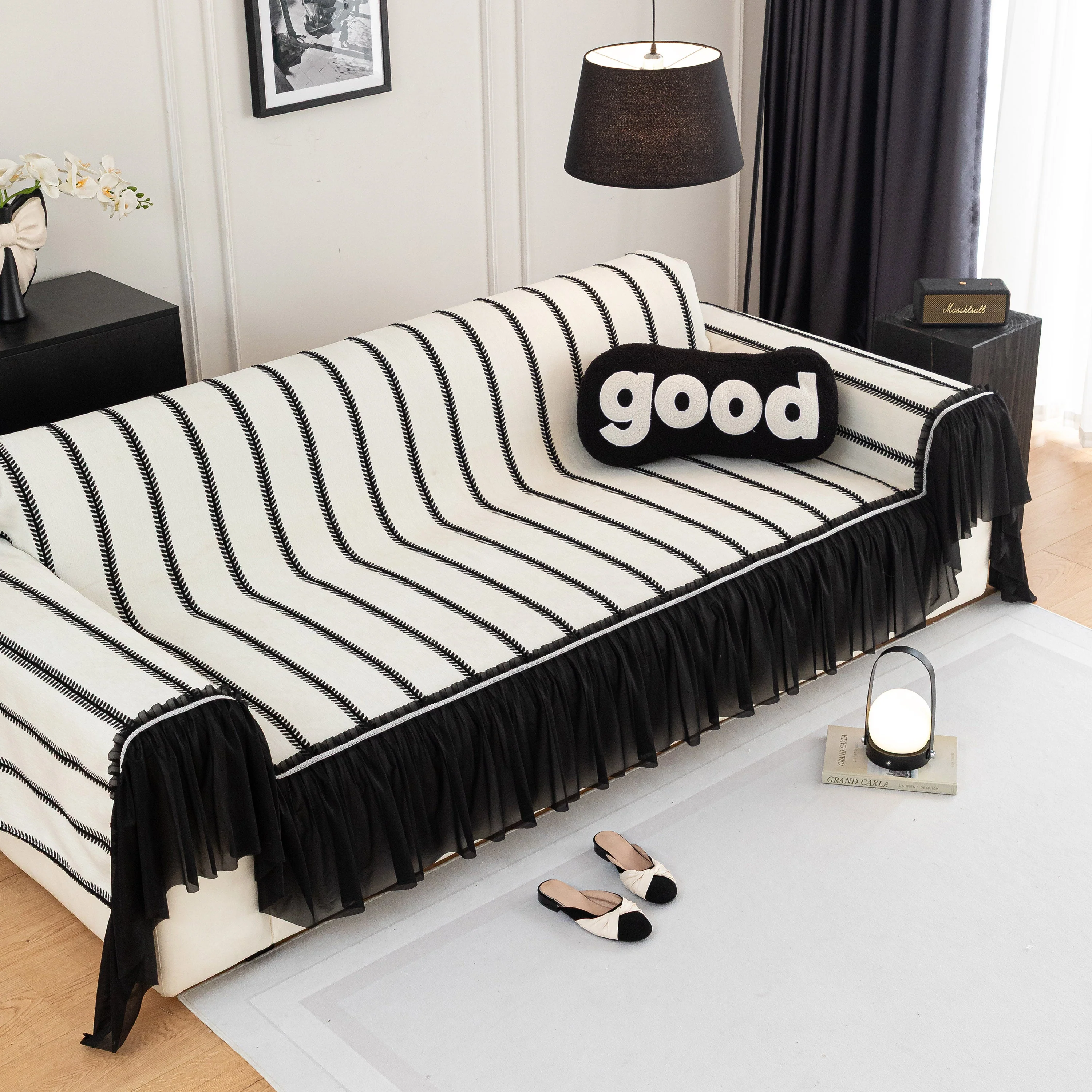 Leaf Stripe Sofa Cover with Black Sheer Skirt, Boho Soft Couch Slipcover for Pets - Image 22