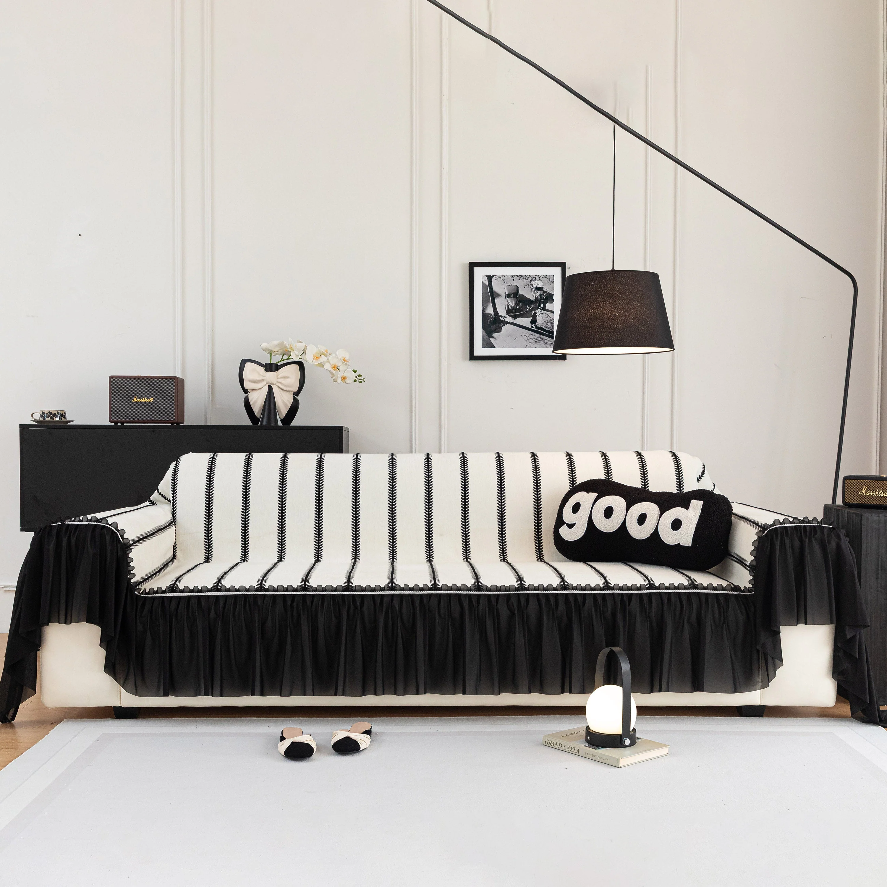 Leaf Stripe Sofa Cover with Black Sheer Skirt, Boho Soft Couch Slipcover for Pets - Image 23