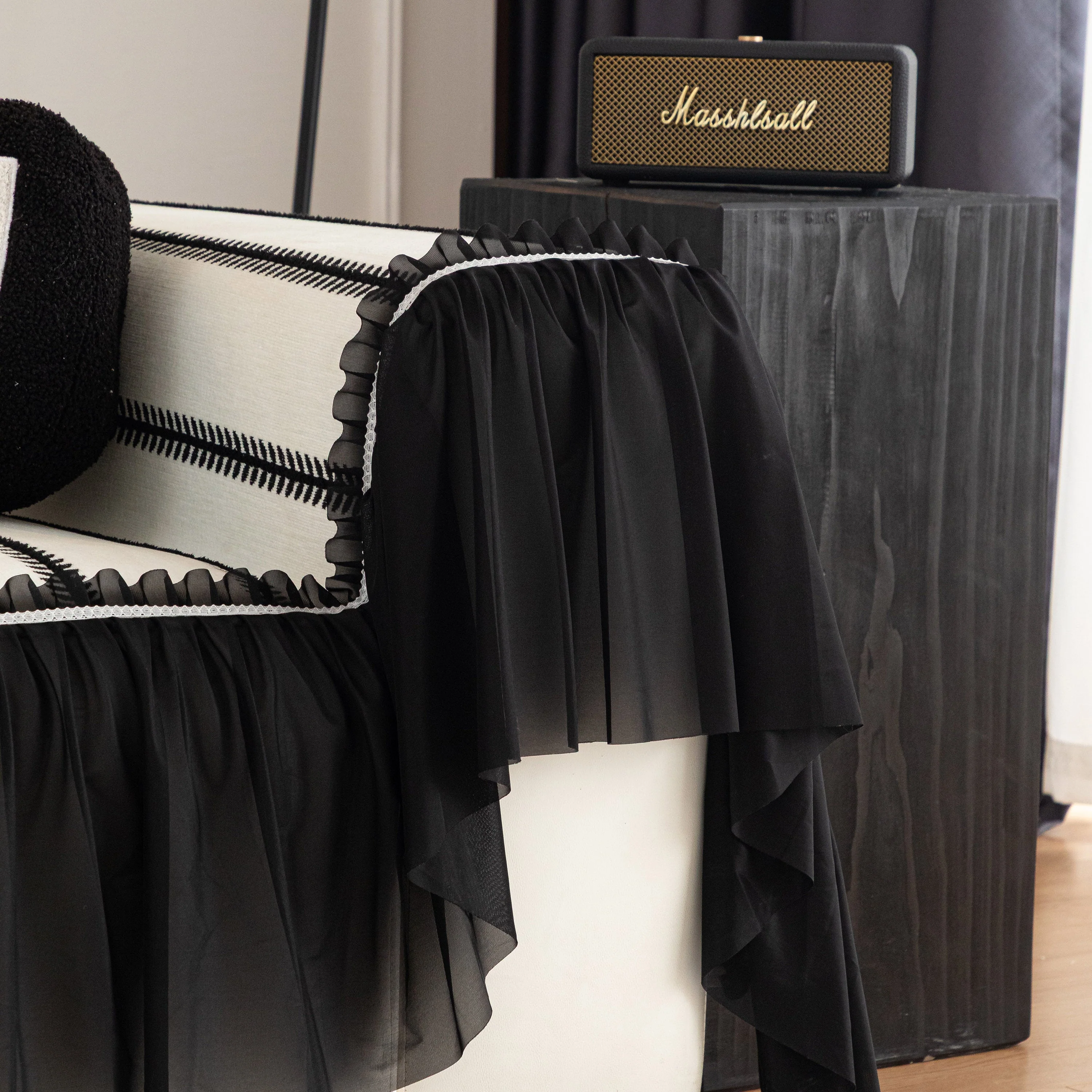 Leaf Stripe Sofa Cover with Black Sheer Skirt, Boho Soft Couch Slipcover for Pets - Image 24
