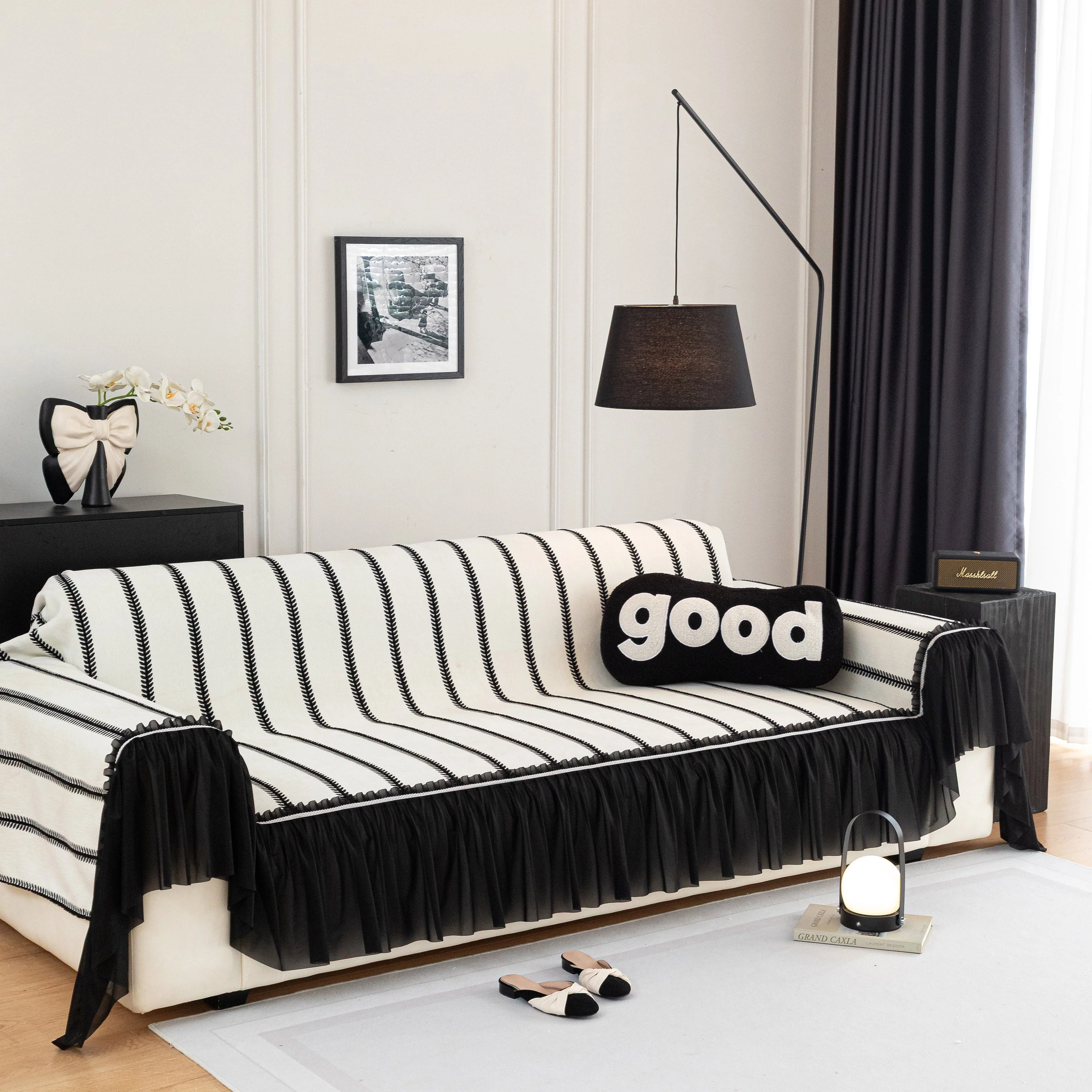 Leaf Stripe Sofa Cover with Black Sheer Skirt, Boho Soft Couch Slipcover for Pets - Image 25