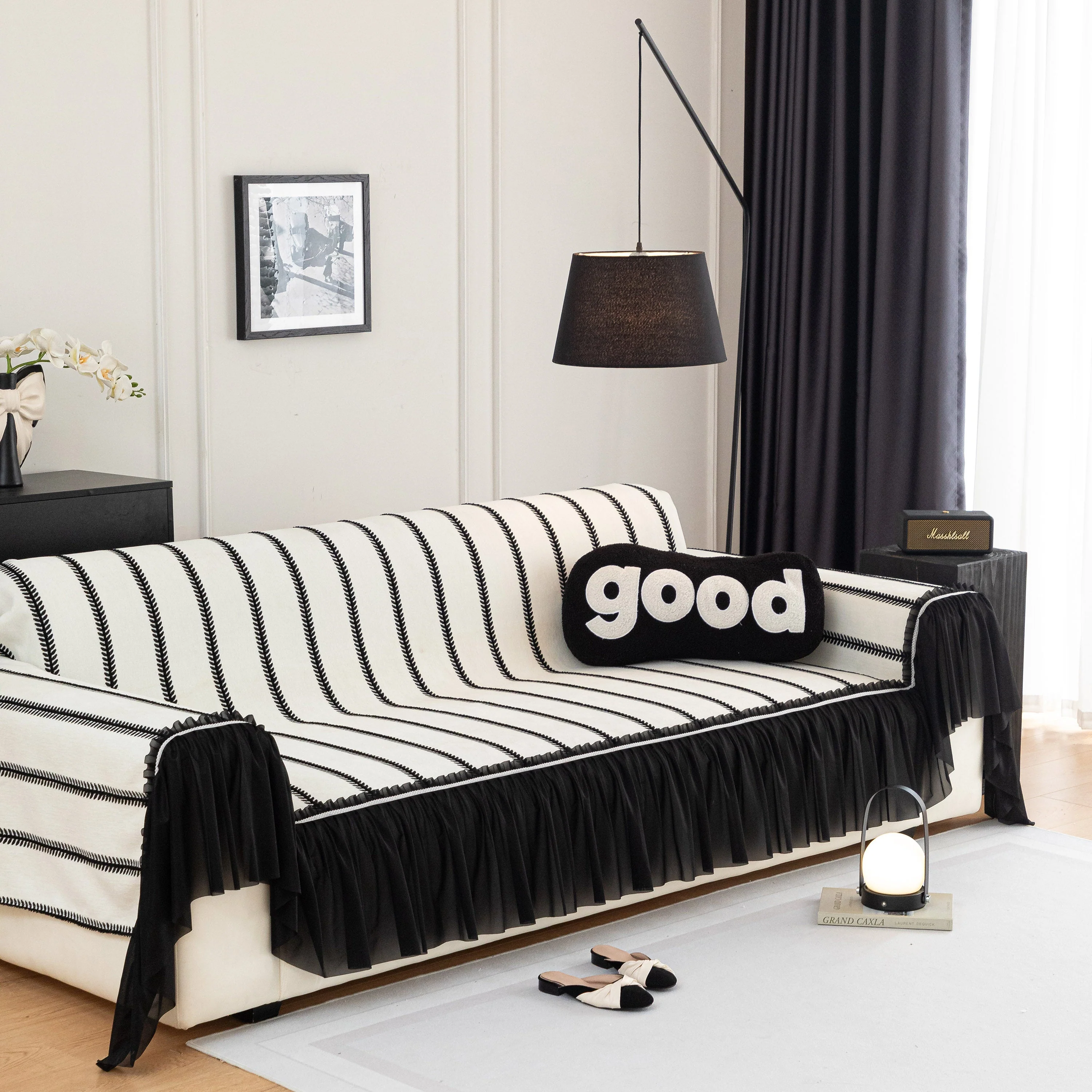 Leaf Stripe Sofa Cover with Black Sheer Skirt, Boho Soft Couch Slipcover for Pets - Image 26