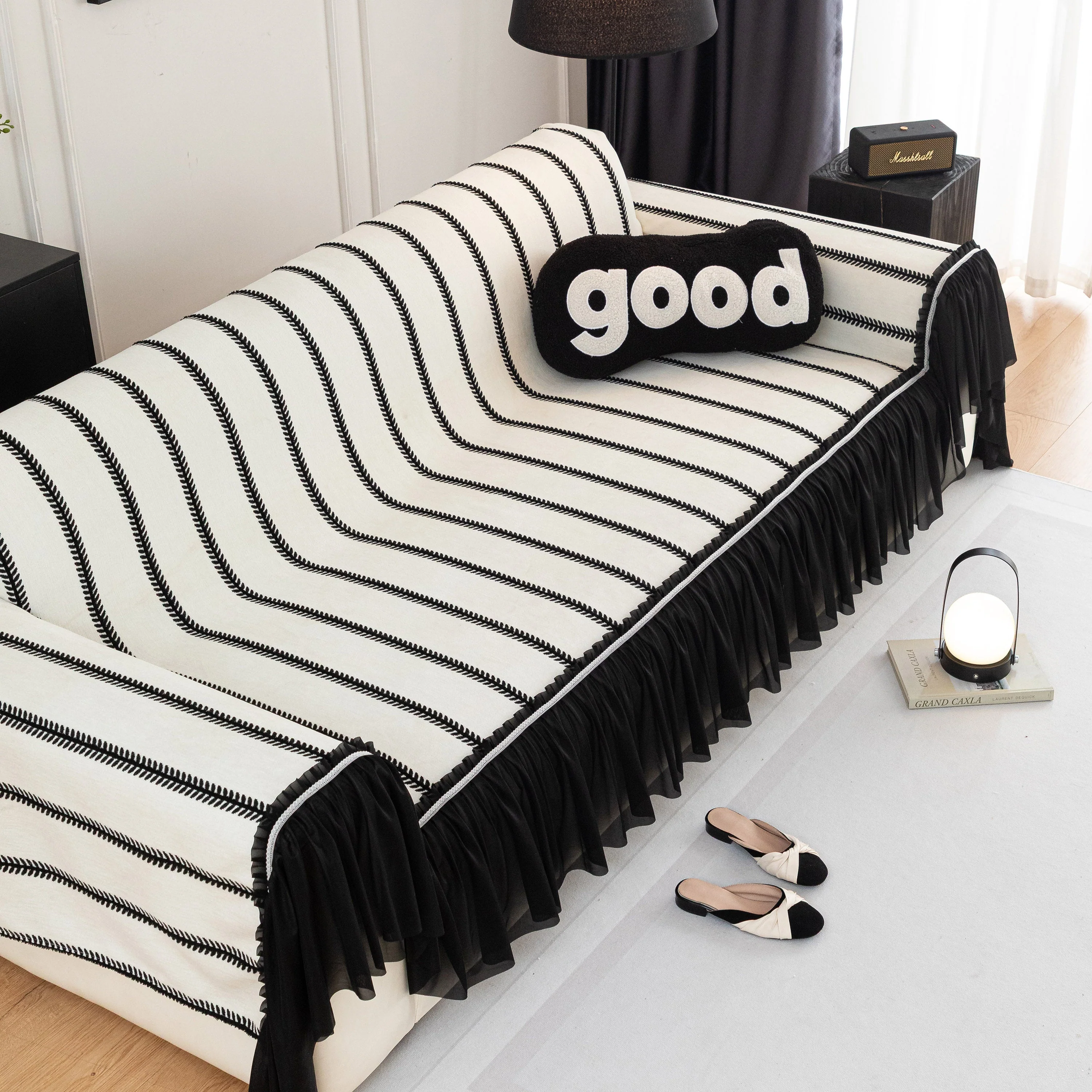 Leaf Stripe Sofa Cover with Black Sheer Skirt, Boho Soft Couch Slipcover for Pets - Image 27
