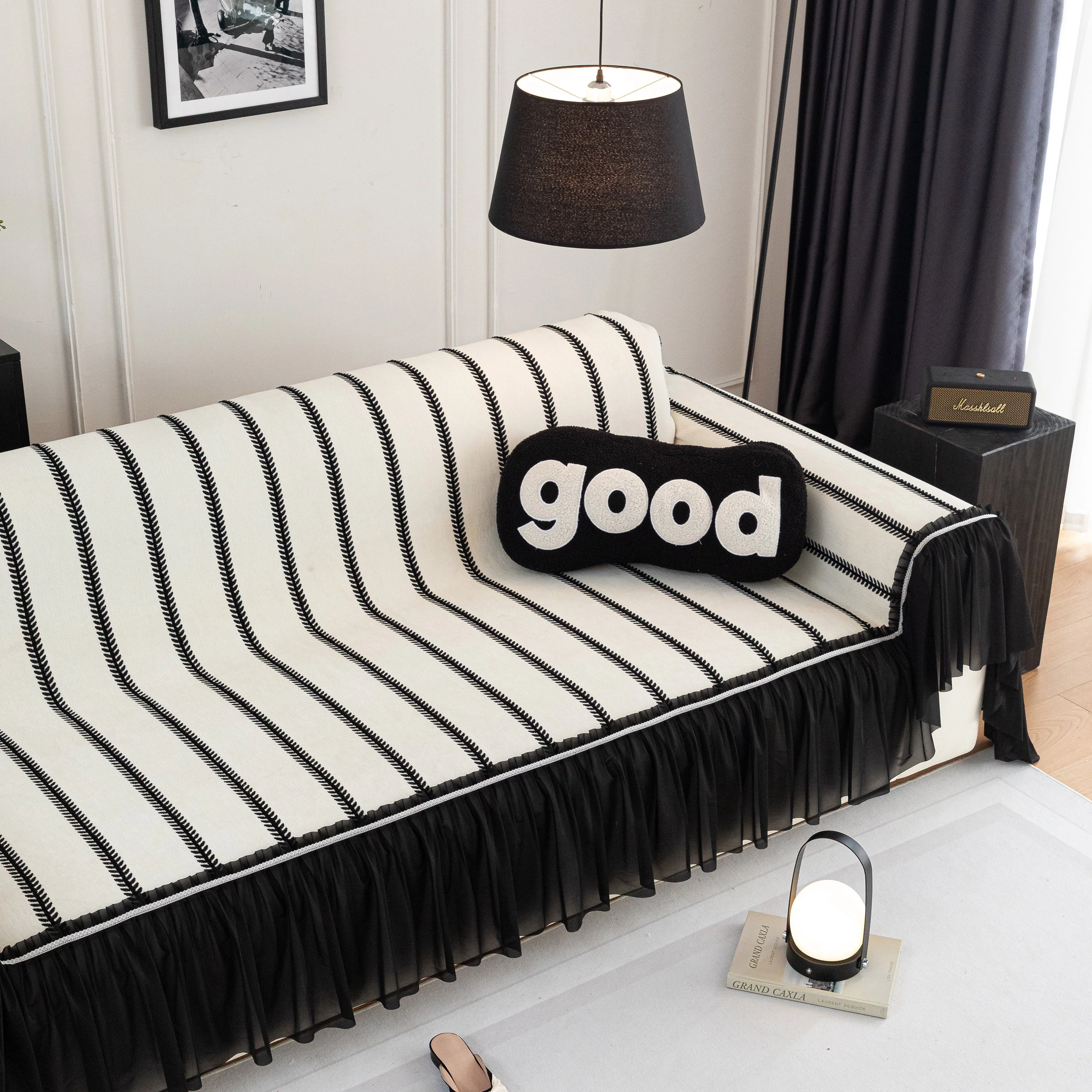 Leaf Stripe Sofa Cover with Black Sheer Skirt, Boho Soft Couch Slipcover for Pets - Image 28
