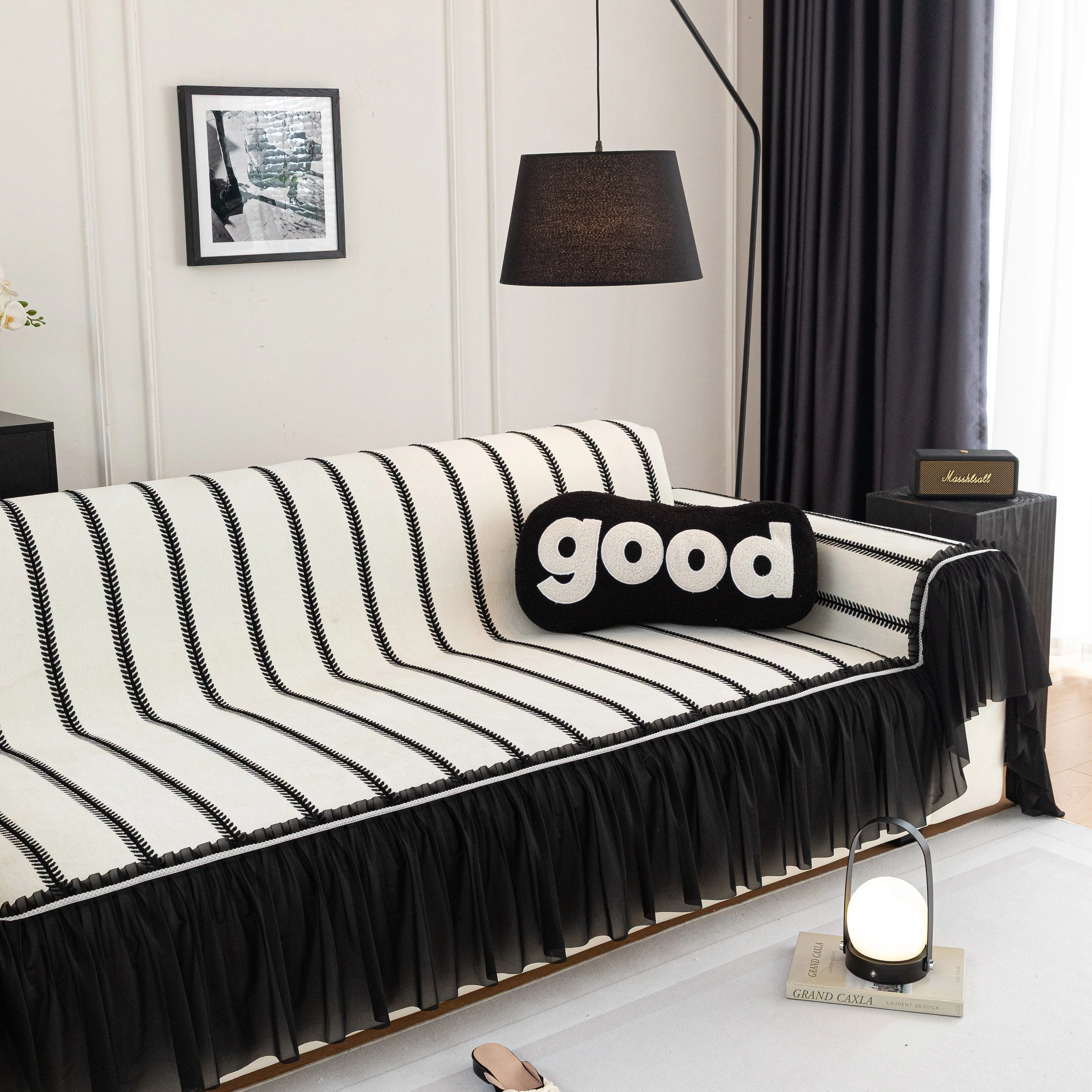 Leaf Stripe Sofa Cover with Black Sheer Skirt, Boho Soft Couch Slipcover for Pets - Image 29