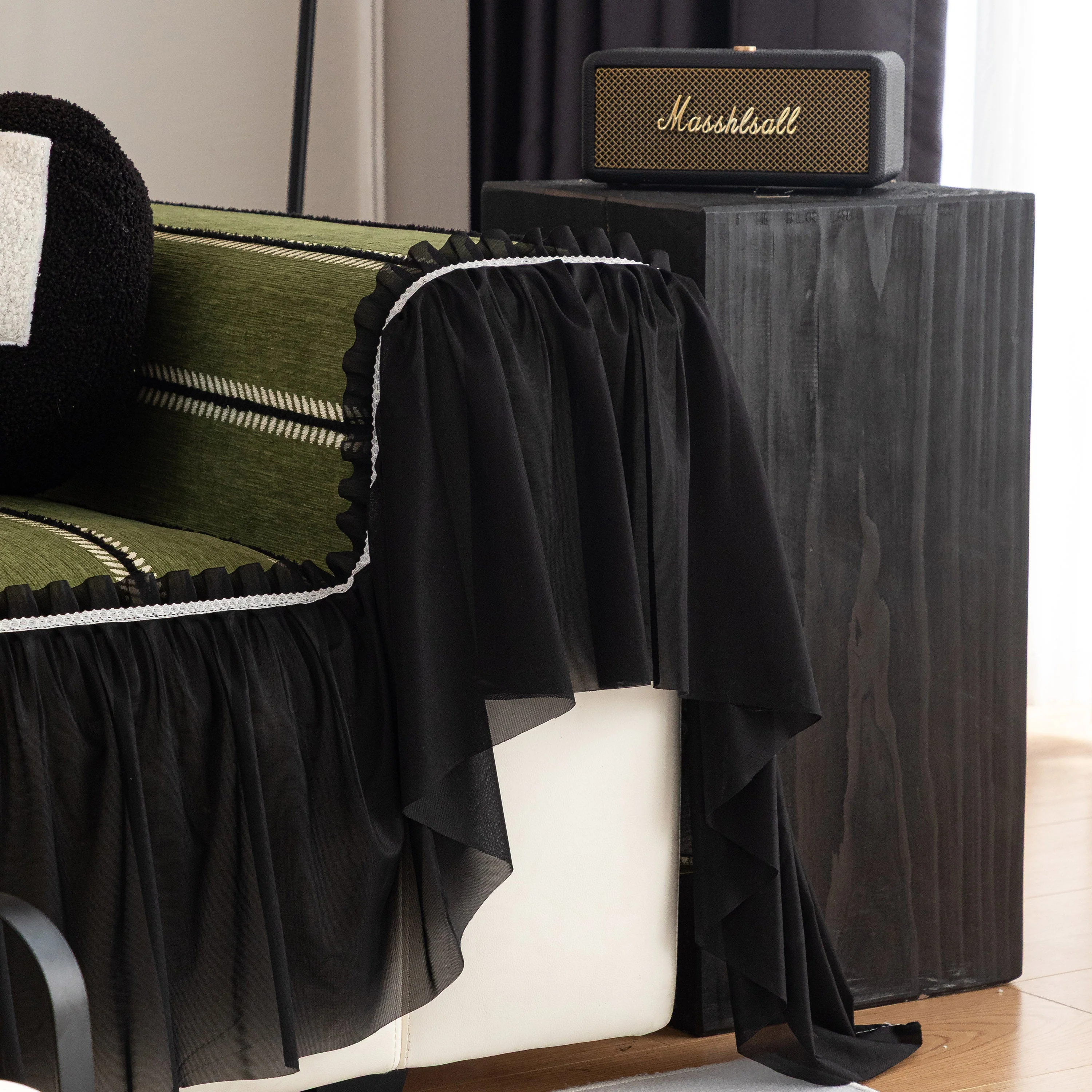 Leaf Stripe Sofa Cover with Black Sheer Skirt, Boho Soft Couch Slipcover for Pets - Image 3