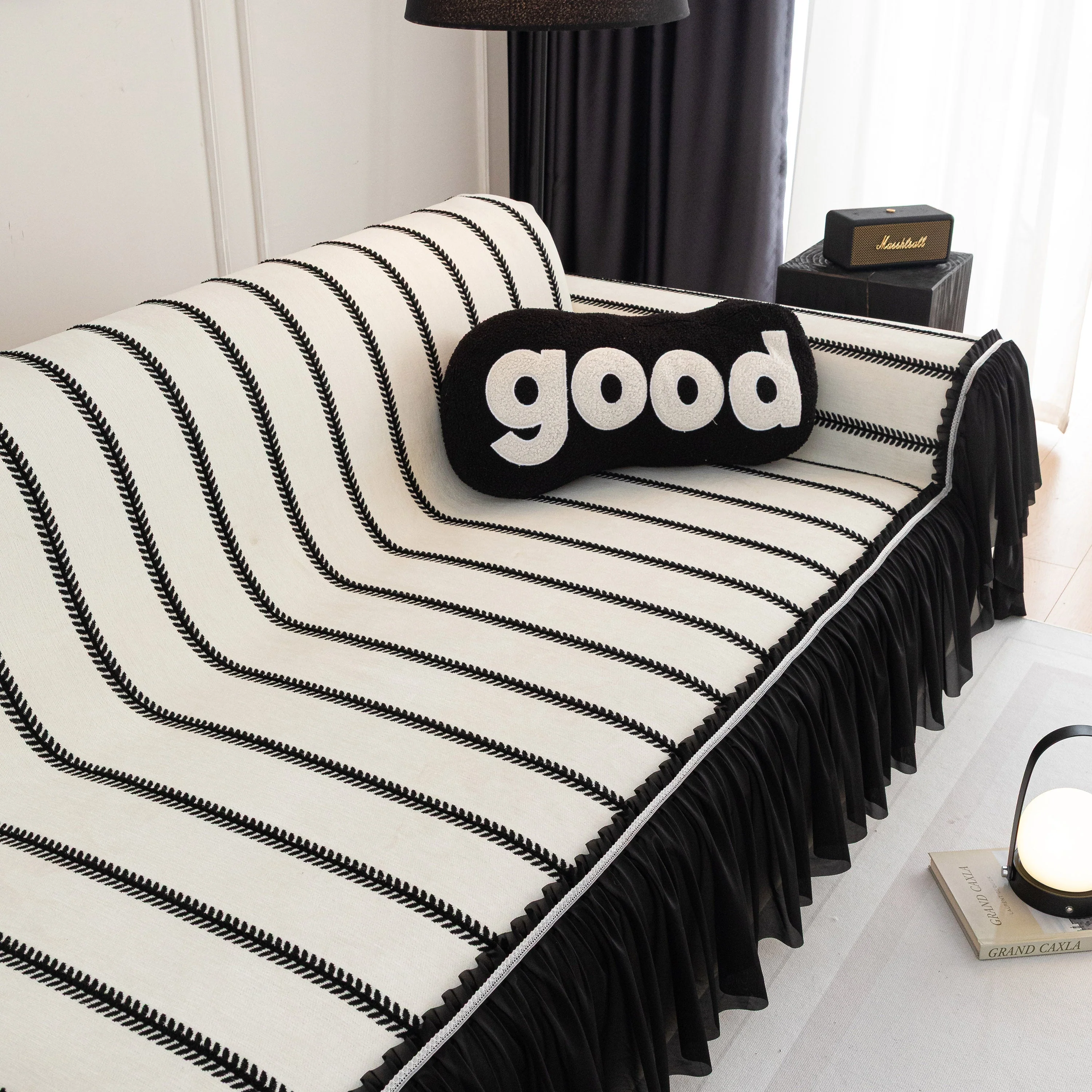 Leaf Stripe Sofa Cover with Black Sheer Skirt, Boho Soft Couch Slipcover for Pets - Image 30