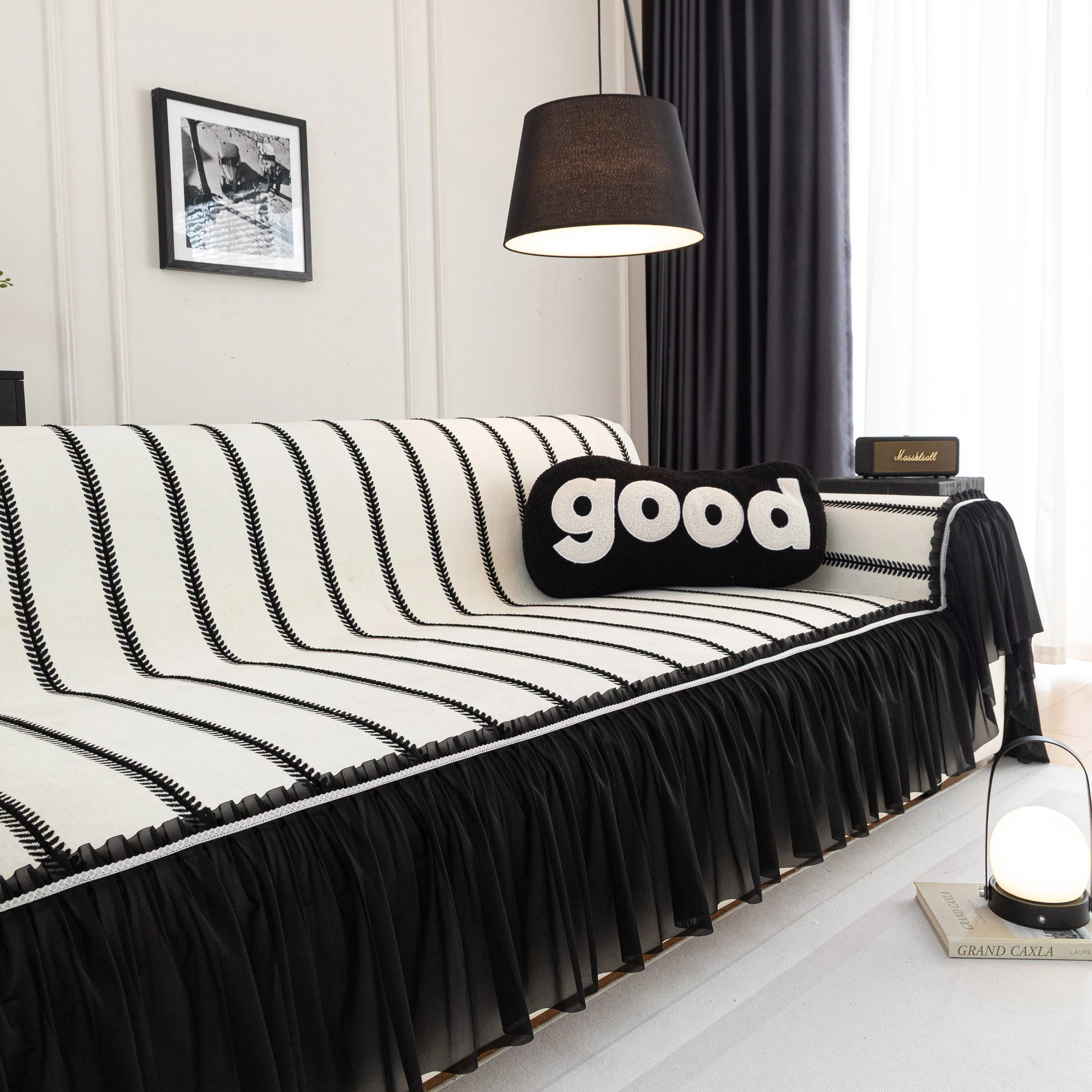 Leaf Stripe Sofa Cover with Black Sheer Skirt, Boho Soft Couch Slipcover for Pets - Image 32