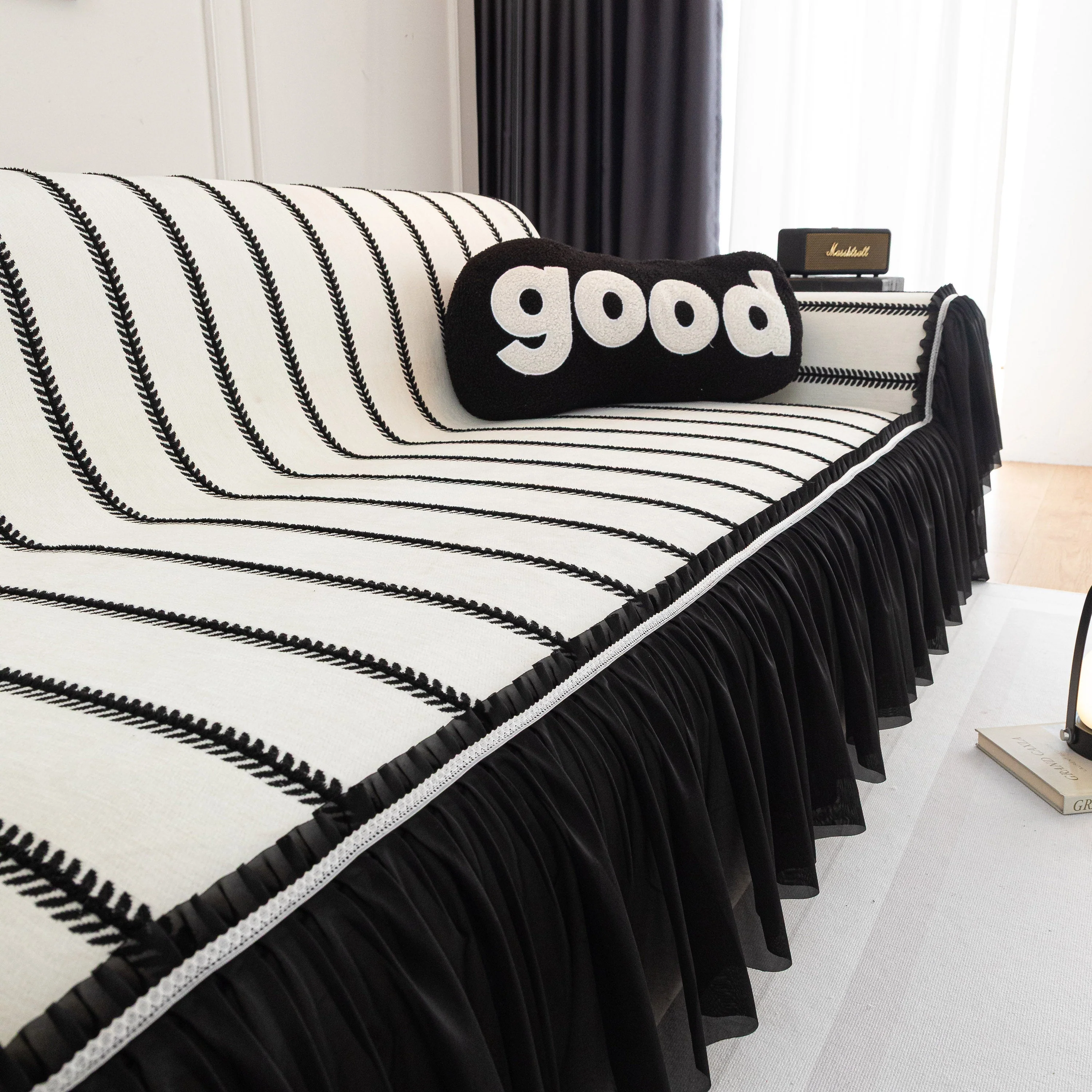 Leaf Stripe Sofa Cover with Black Sheer Skirt, Boho Soft Couch Slipcover for Pets - Image 33