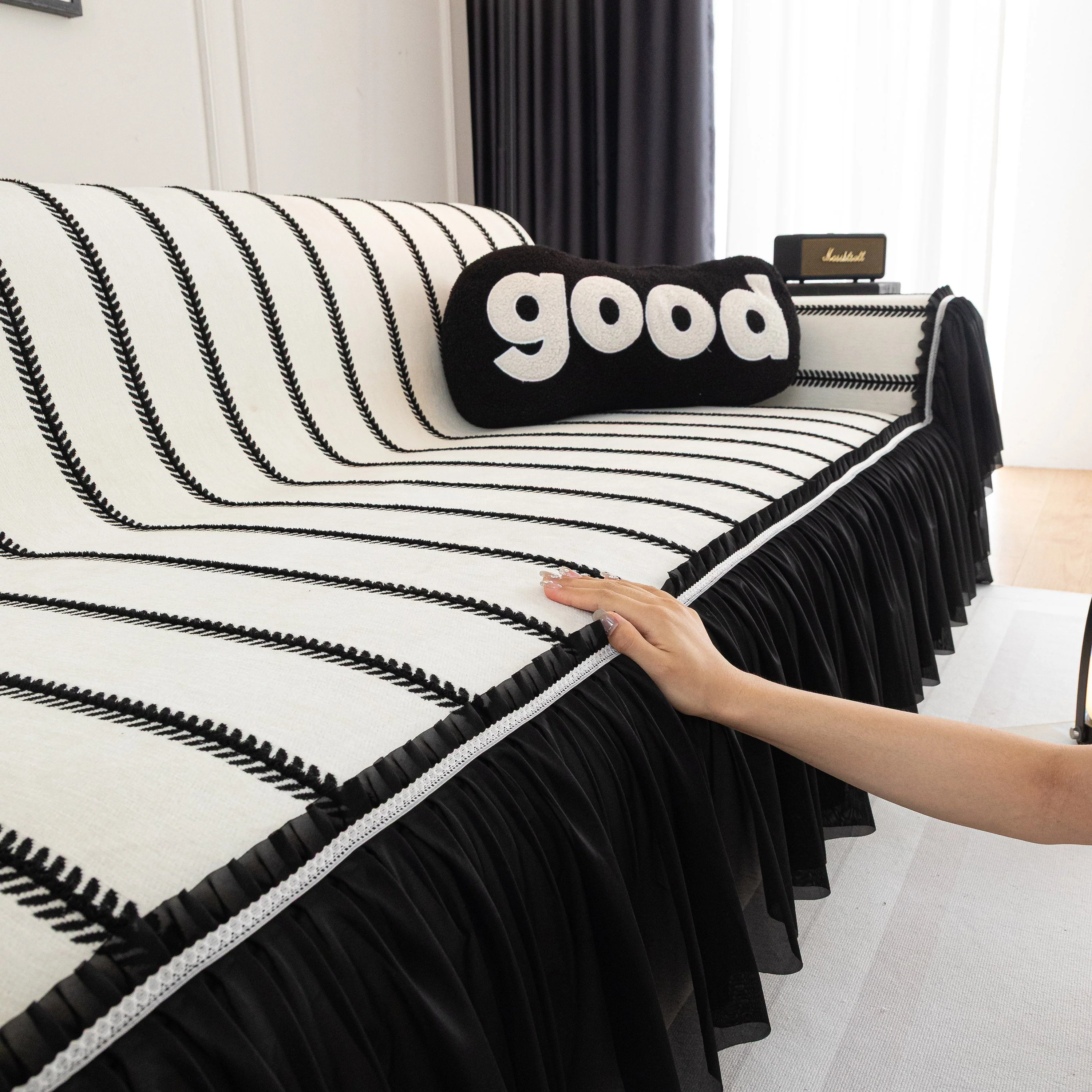 Leaf Stripe Sofa Cover with Black Sheer Skirt, Boho Soft Couch Slipcover for Pets - Image 34