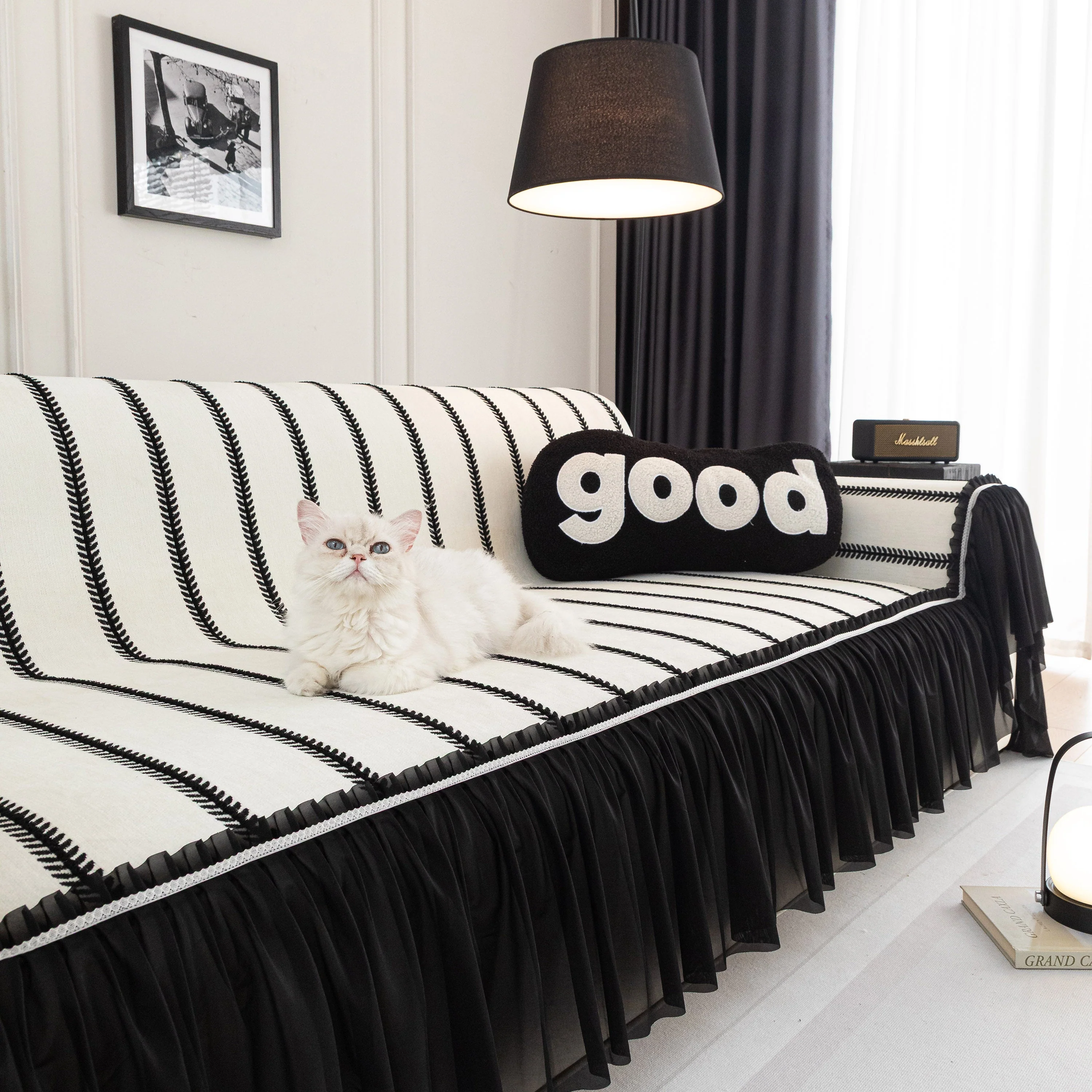 Leaf Stripe Sofa Cover with Black Sheer Skirt, Boho Soft Couch Slipcover for Pets - Image 36