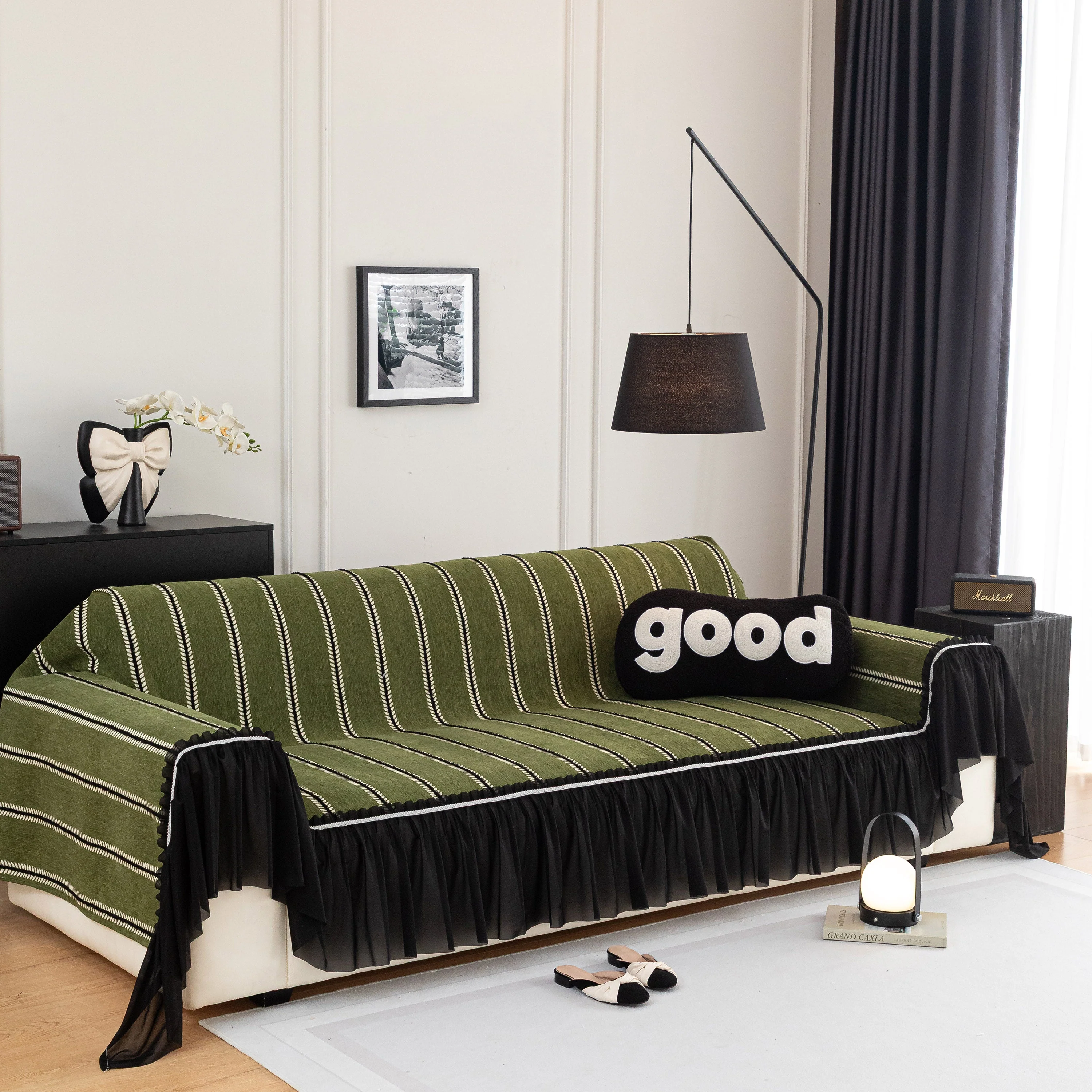 Leaf Stripe Sofa Cover with Black Sheer Skirt, Boho Soft Couch Slipcover for Pets - Image 4