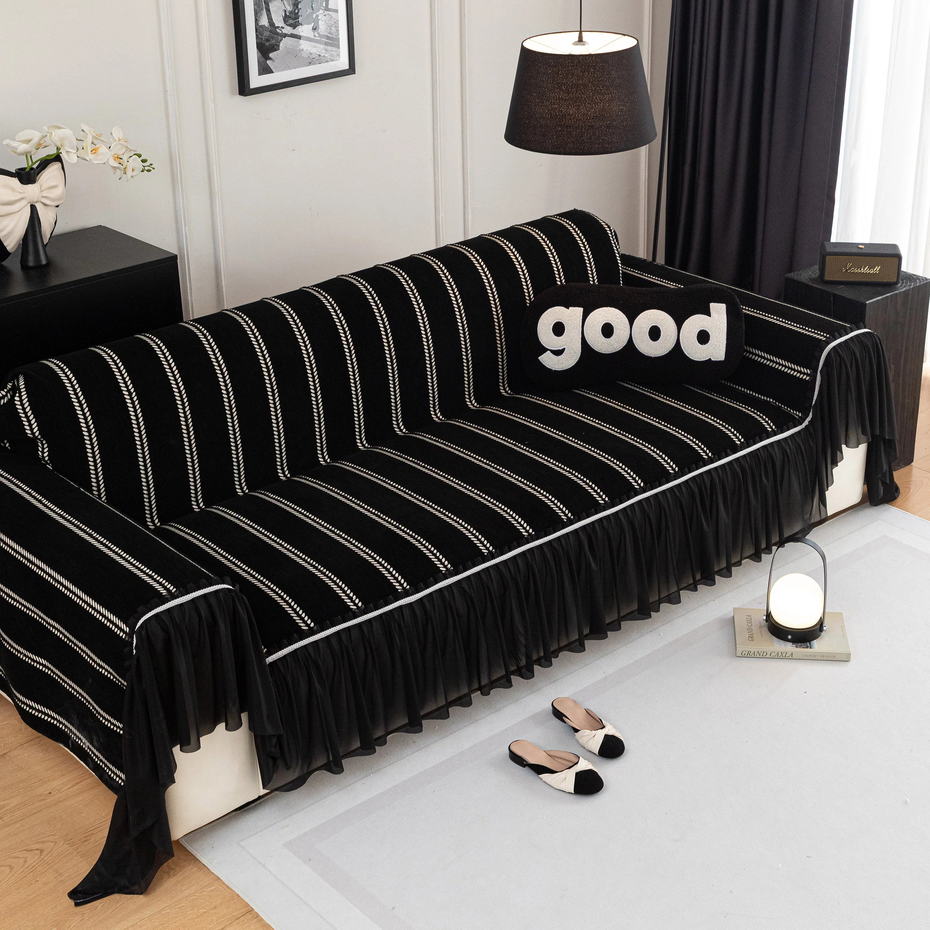 Leaf Stripe Sofa Cover with Black Sheer Skirt, Boho Soft Couch Slipcover for Pets - Image 40