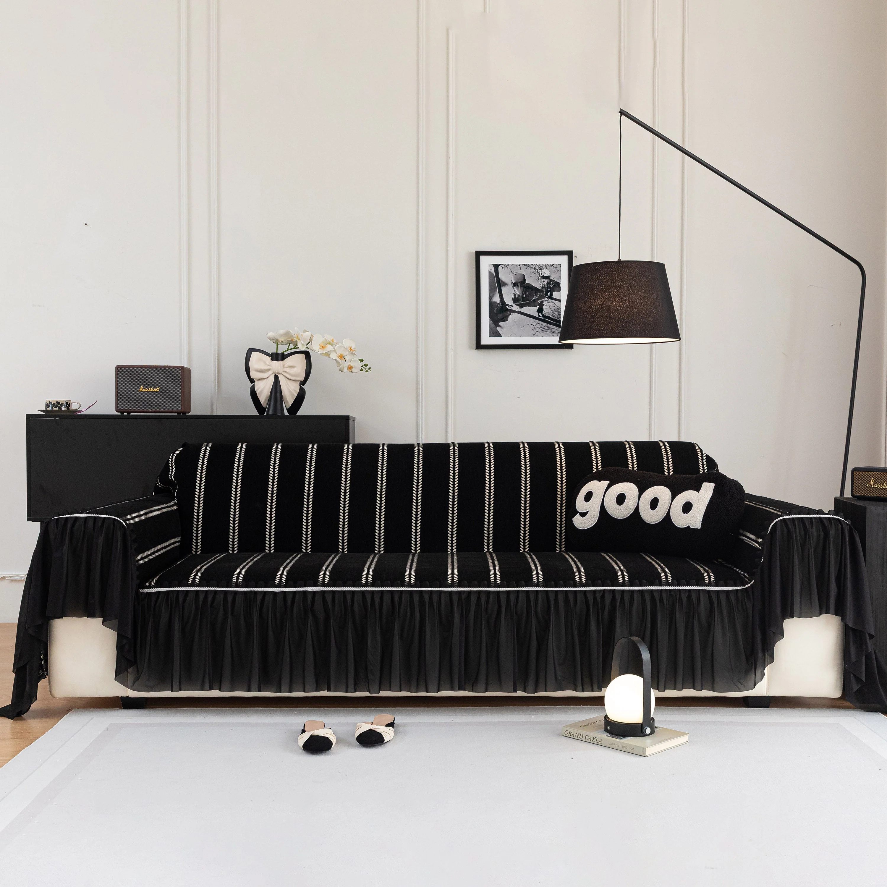 Leaf Stripe Sofa Cover with Black Sheer Skirt, Boho Soft Couch Slipcover for Pets - Image 41