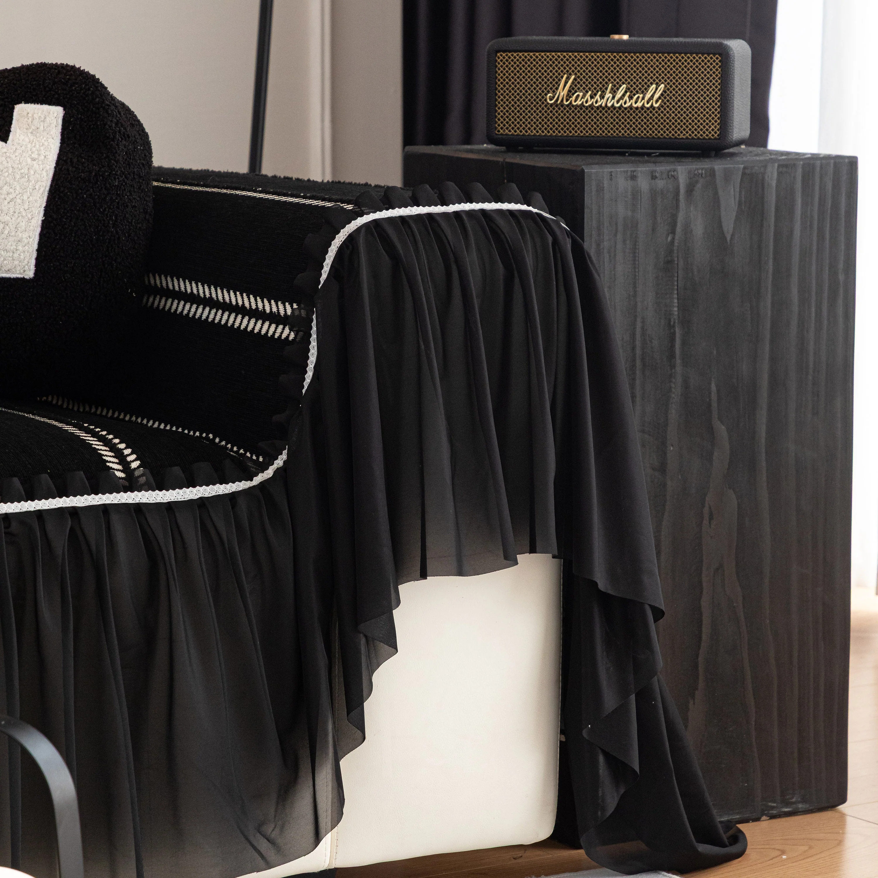Leaf Stripe Sofa Cover with Black Sheer Skirt, Boho Soft Couch Slipcover for Pets - Image 42