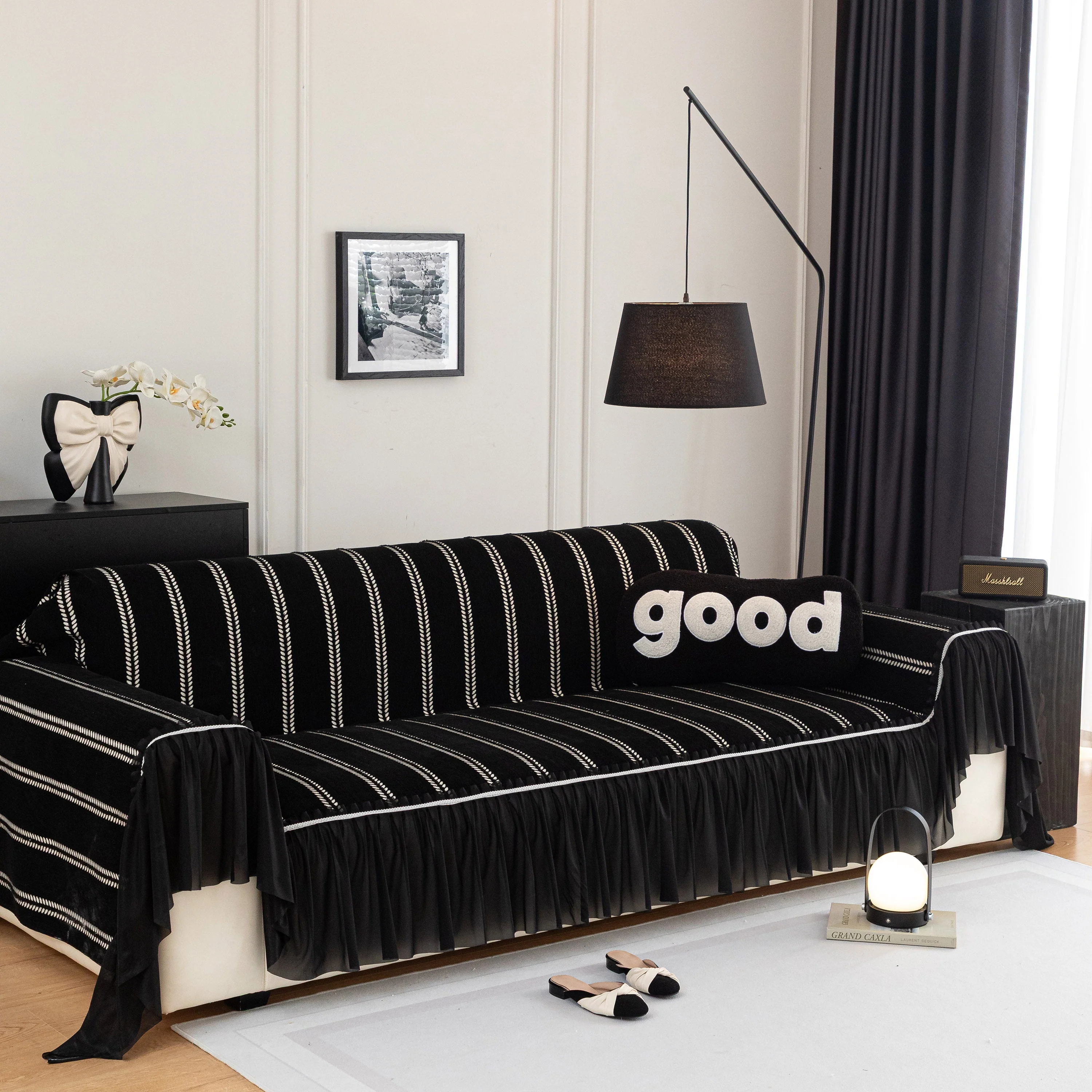 Leaf Stripe Sofa Cover with Black Sheer Skirt, Boho Soft Couch Slipcover for Pets - Image 43
