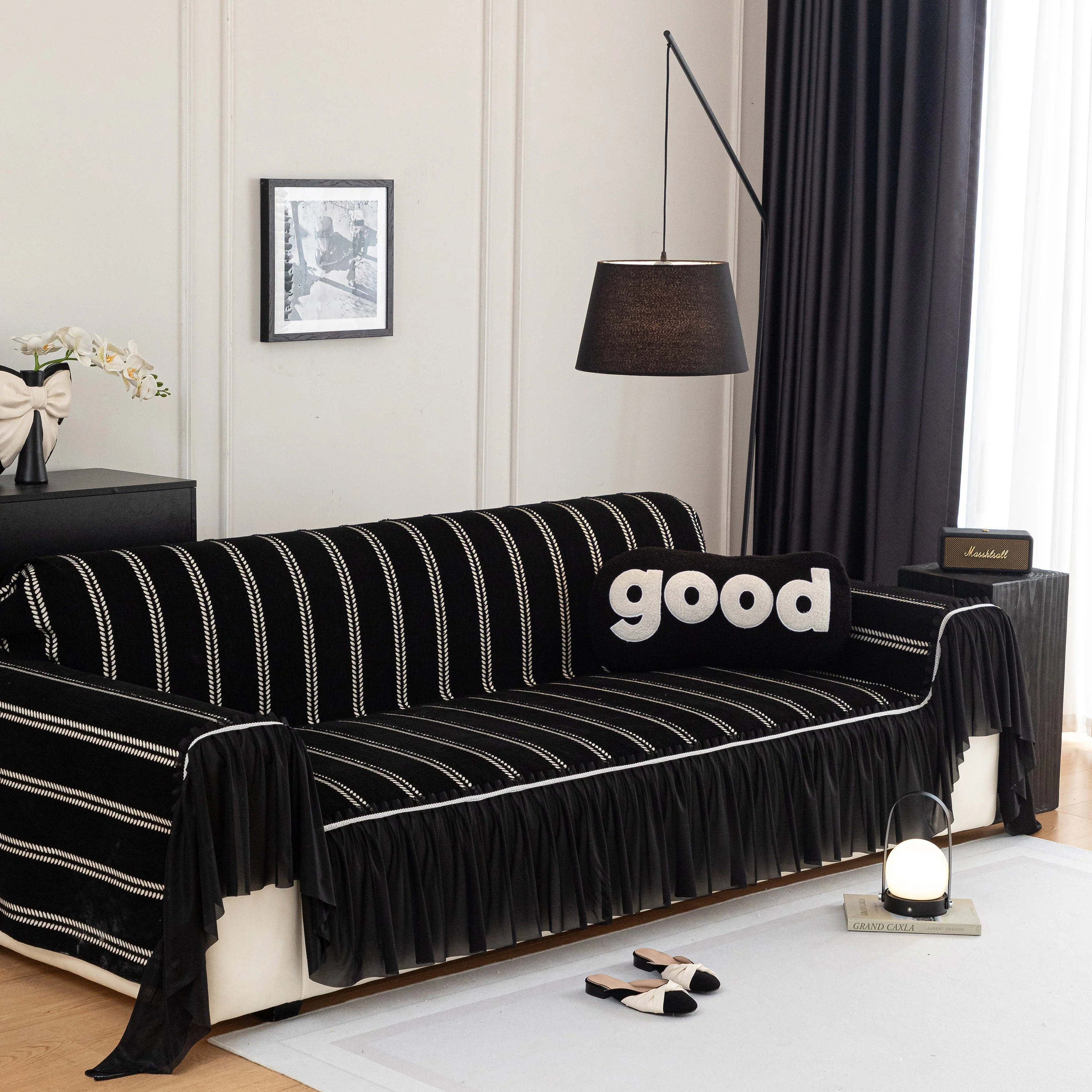 Leaf Stripe Sofa Cover with Black Sheer Skirt, Boho Soft Couch Slipcover for Pets - Image 44