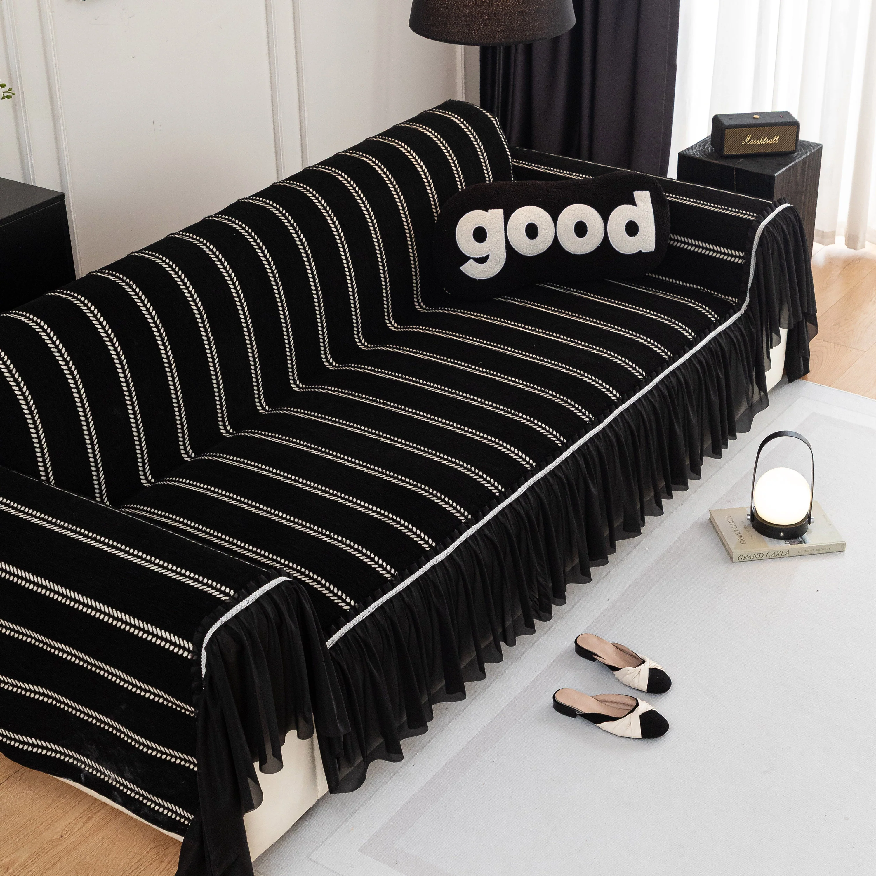 Leaf Stripe Sofa Cover with Black Sheer Skirt, Boho Soft Couch Slipcover for Pets - Image 45