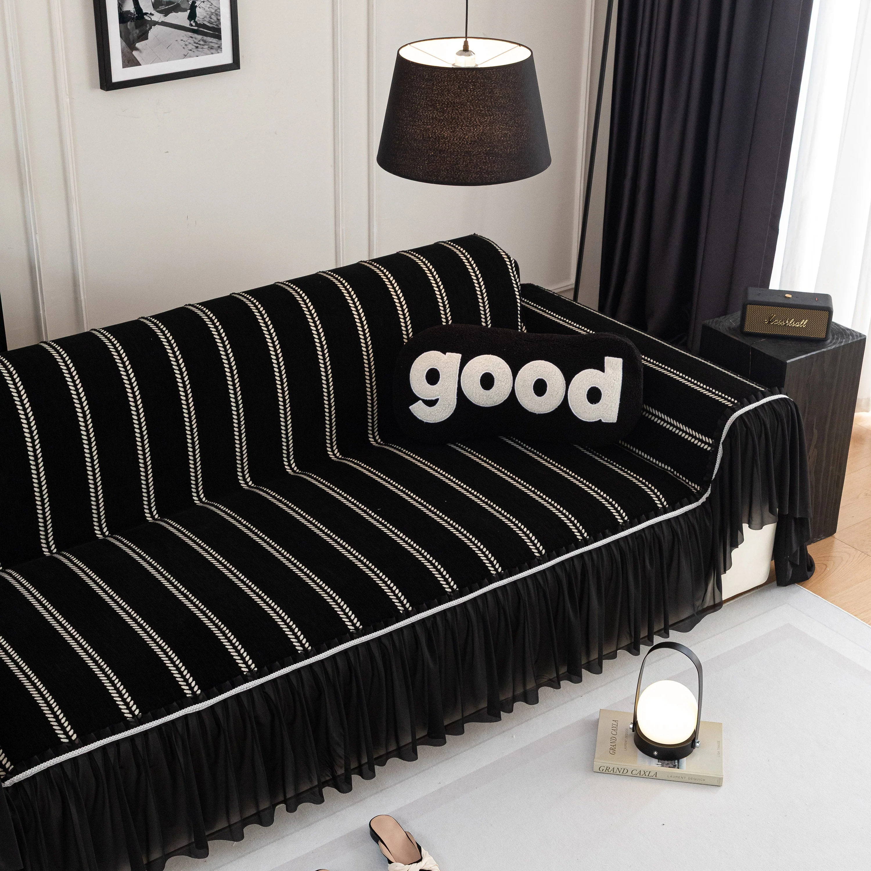Leaf Stripe Sofa Cover with Black Sheer Skirt, Boho Soft Couch Slipcover for Pets - Image 46