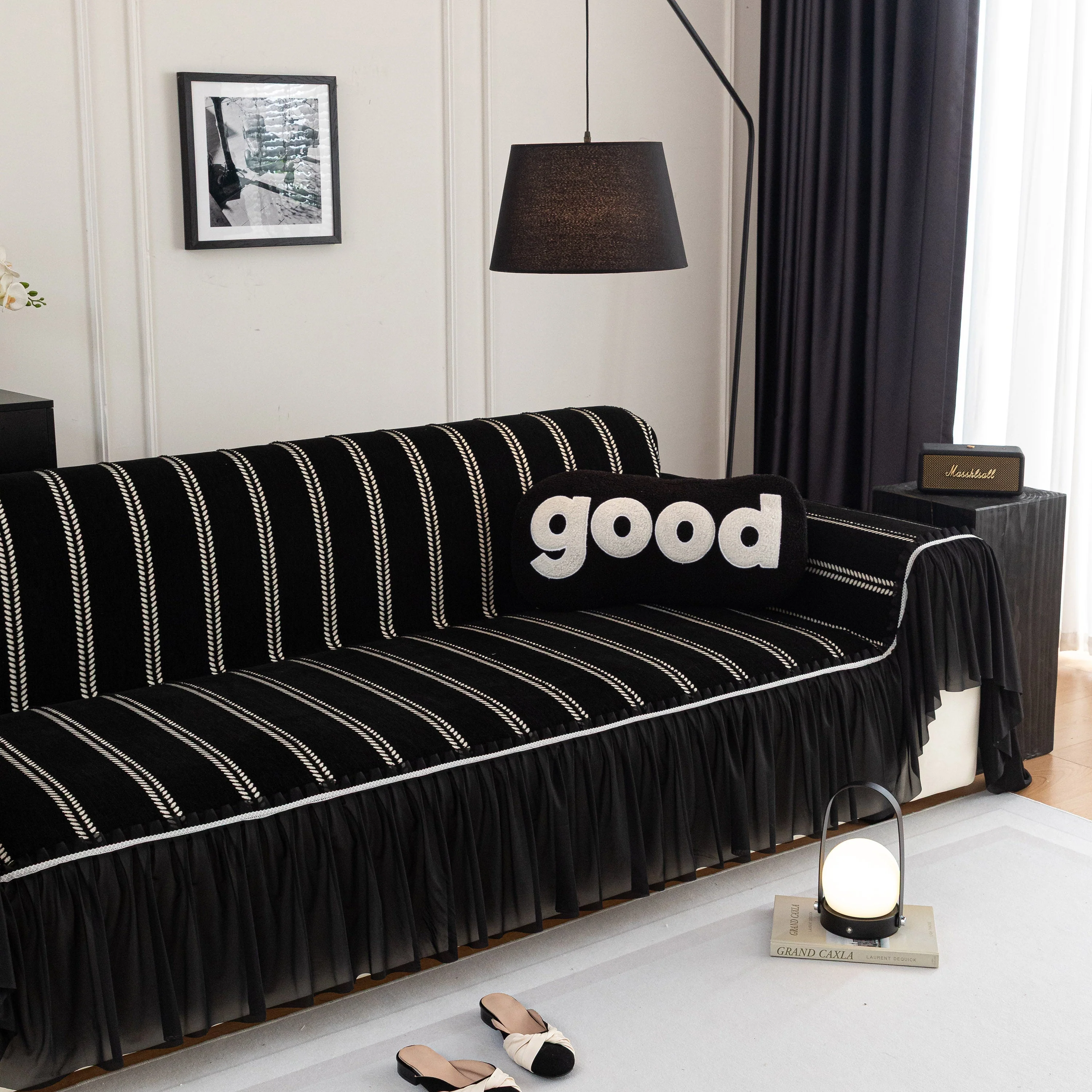 Leaf Stripe Sofa Cover with Black Sheer Skirt, Boho Soft Couch Slipcover for Pets - Image 47