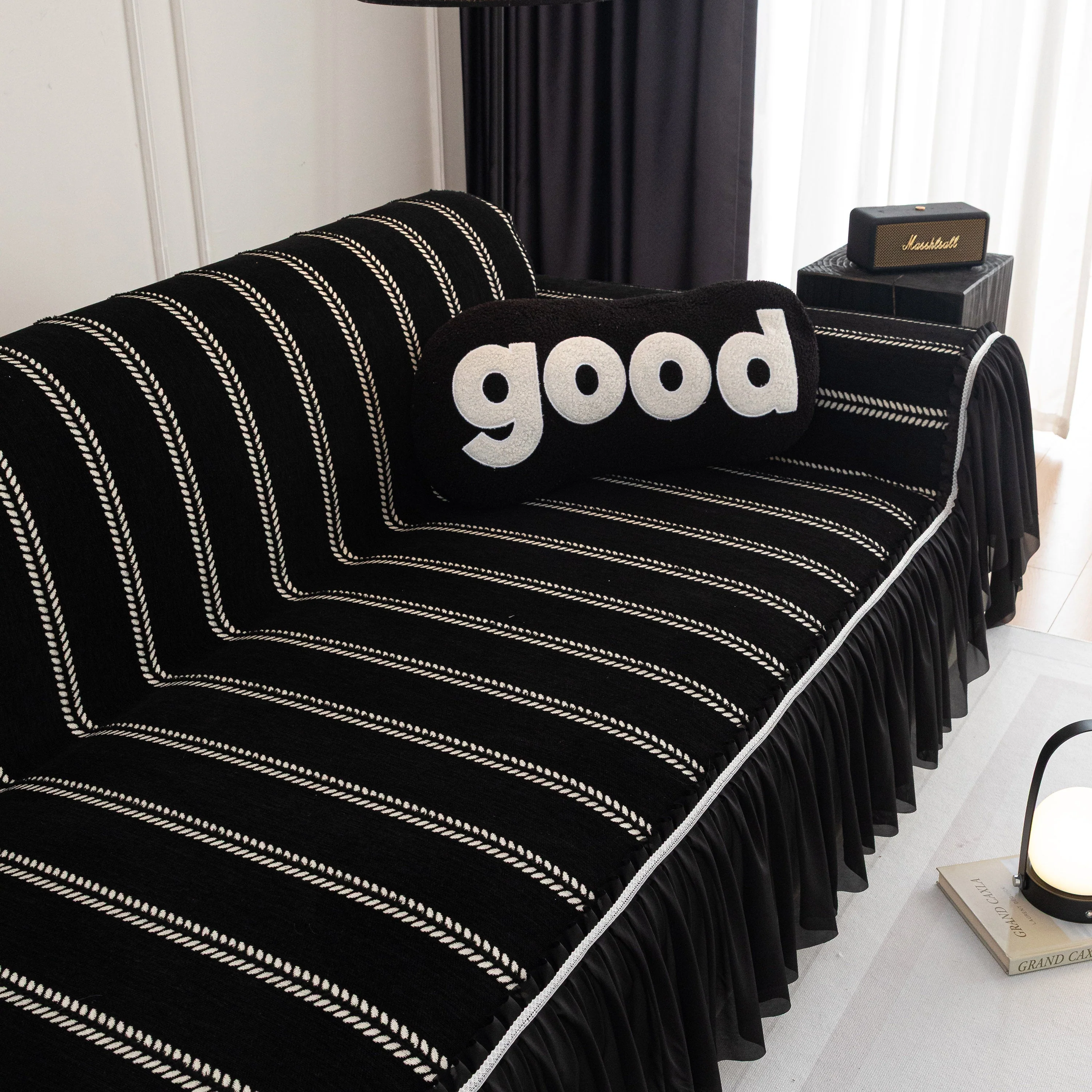 Leaf Stripe Sofa Cover with Black Sheer Skirt, Boho Soft Couch Slipcover for Pets - Image 48