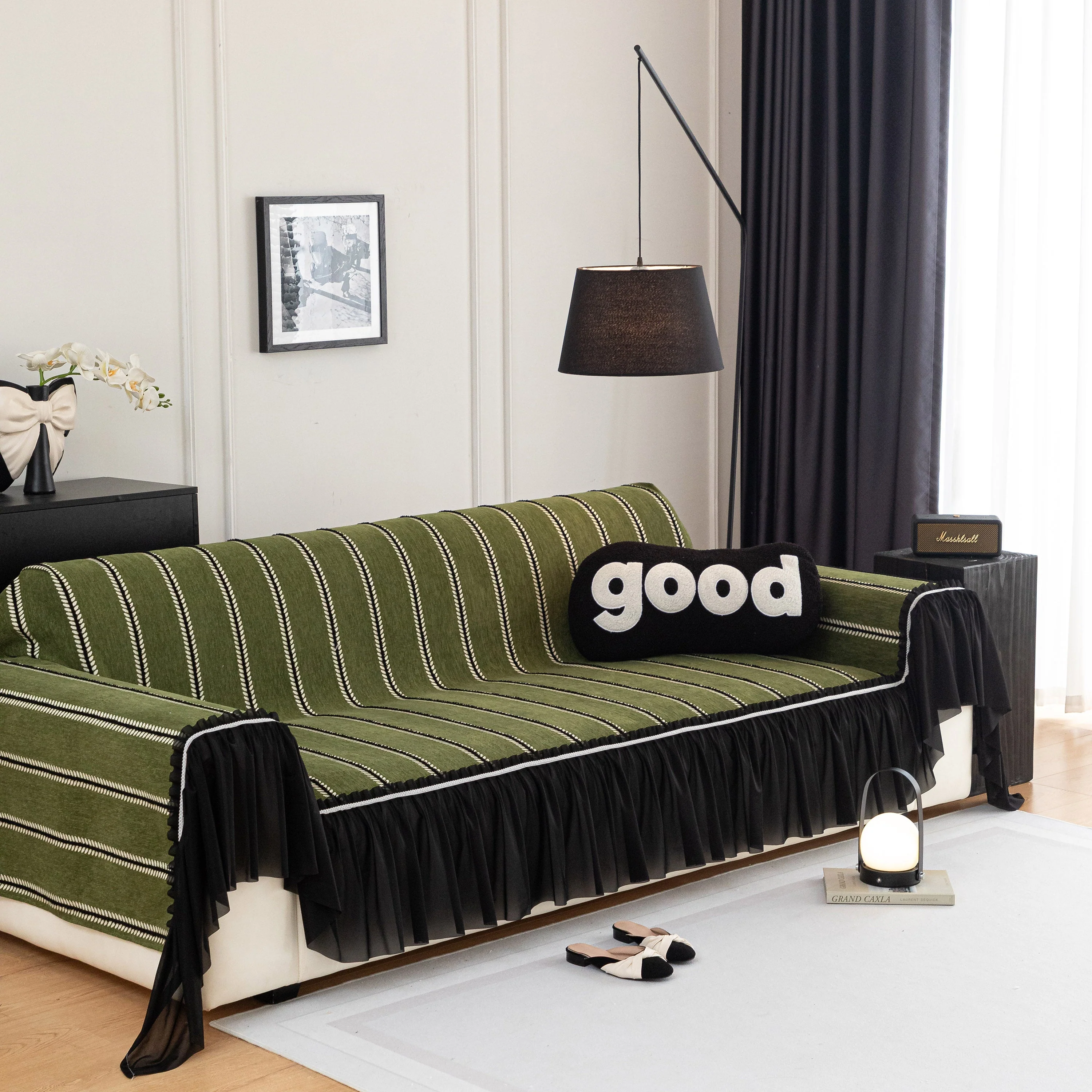 Leaf Stripe Sofa Cover with Black Sheer Skirt, Boho Soft Couch Slipcover for Pets - Image 5