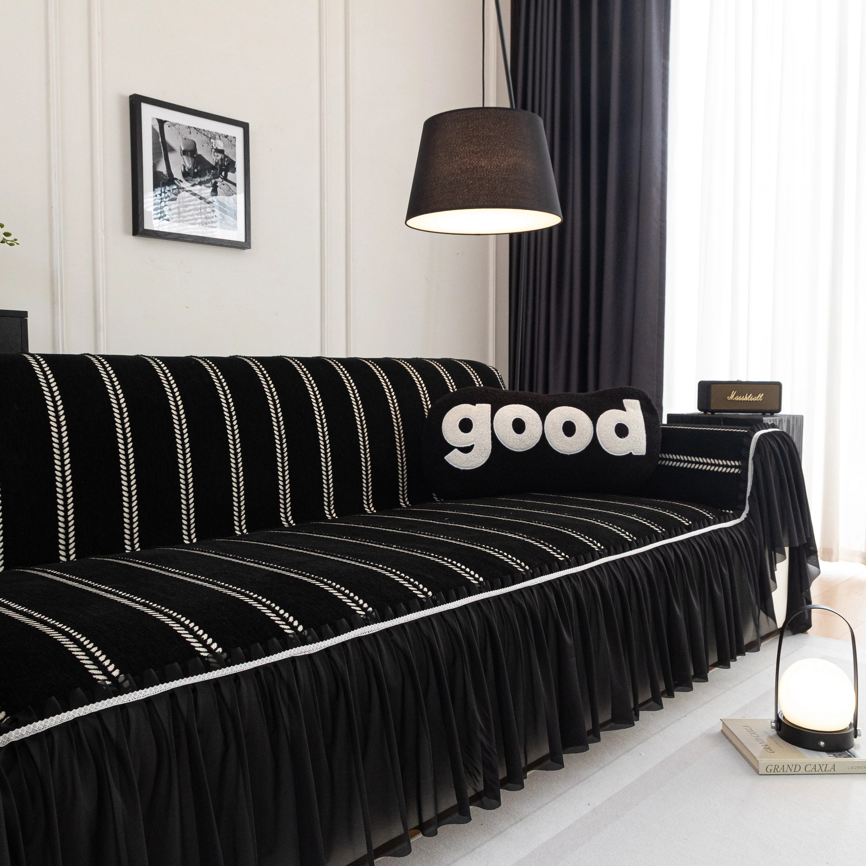 Leaf Stripe Sofa Cover with Black Sheer Skirt, Boho Soft Couch Slipcover for Pets - Image 50