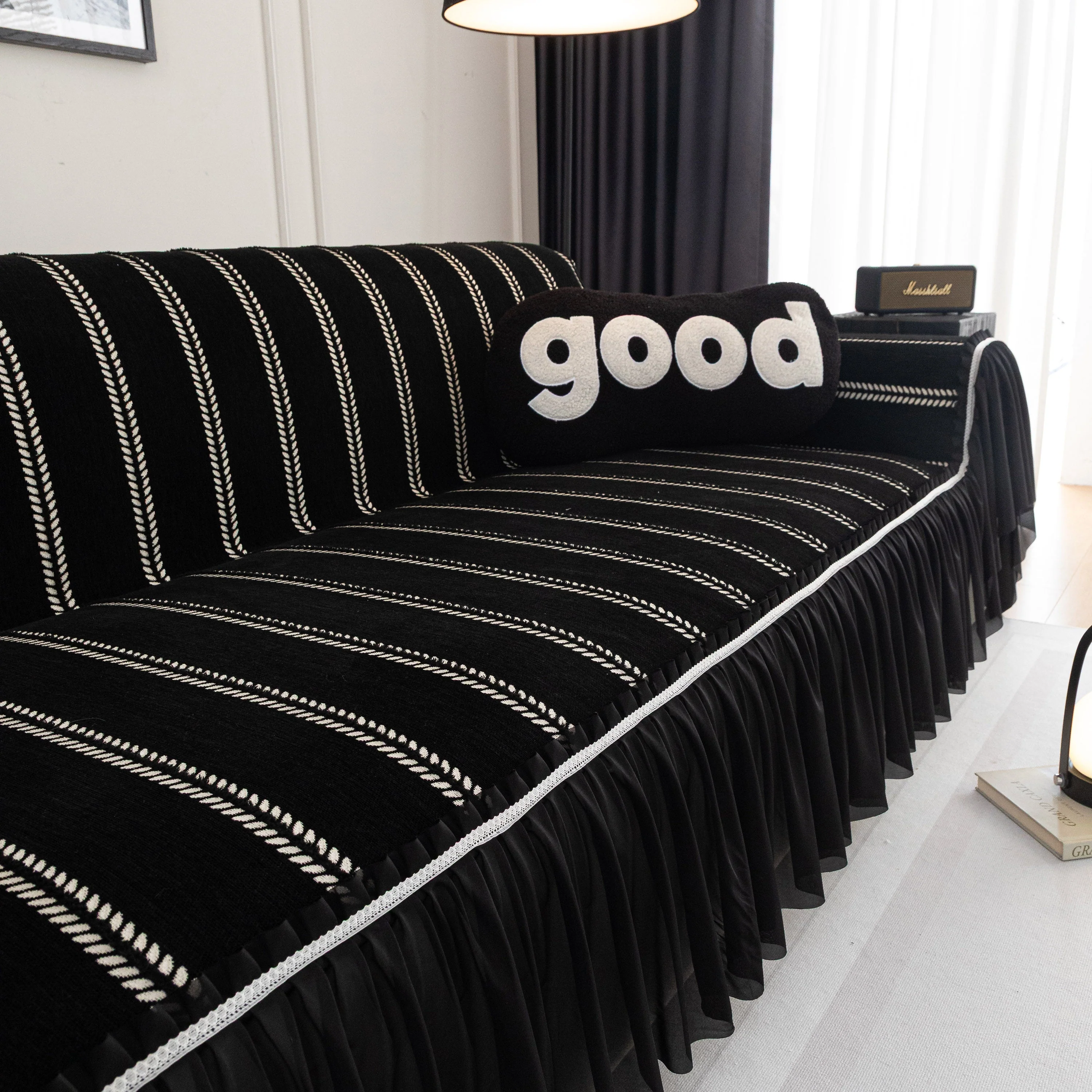 Leaf Stripe Sofa Cover with Black Sheer Skirt, Boho Soft Couch Slipcover for Pets - Image 51