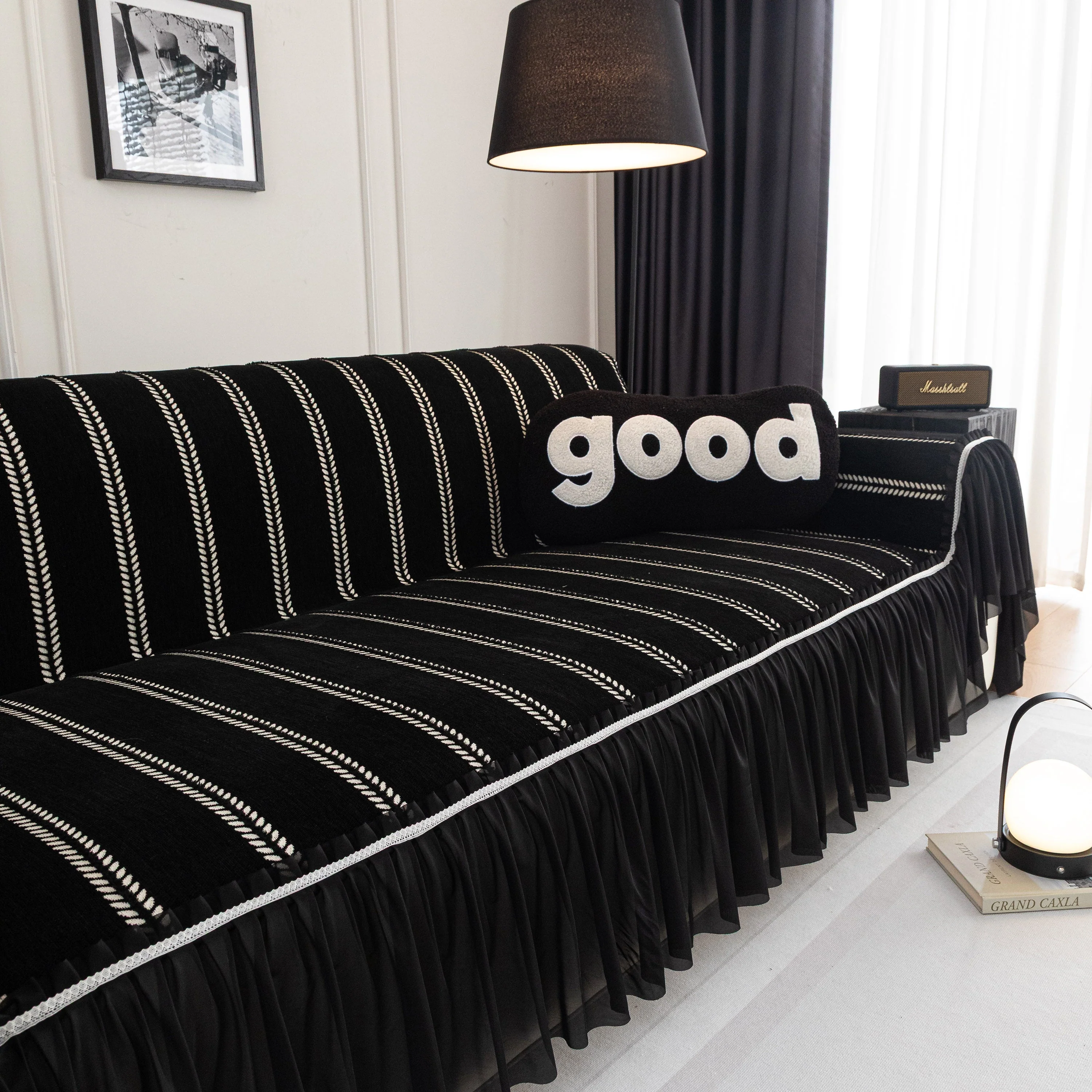 Leaf Stripe Sofa Cover with Black Sheer Skirt, Boho Soft Couch Slipcover for Pets - Image 52