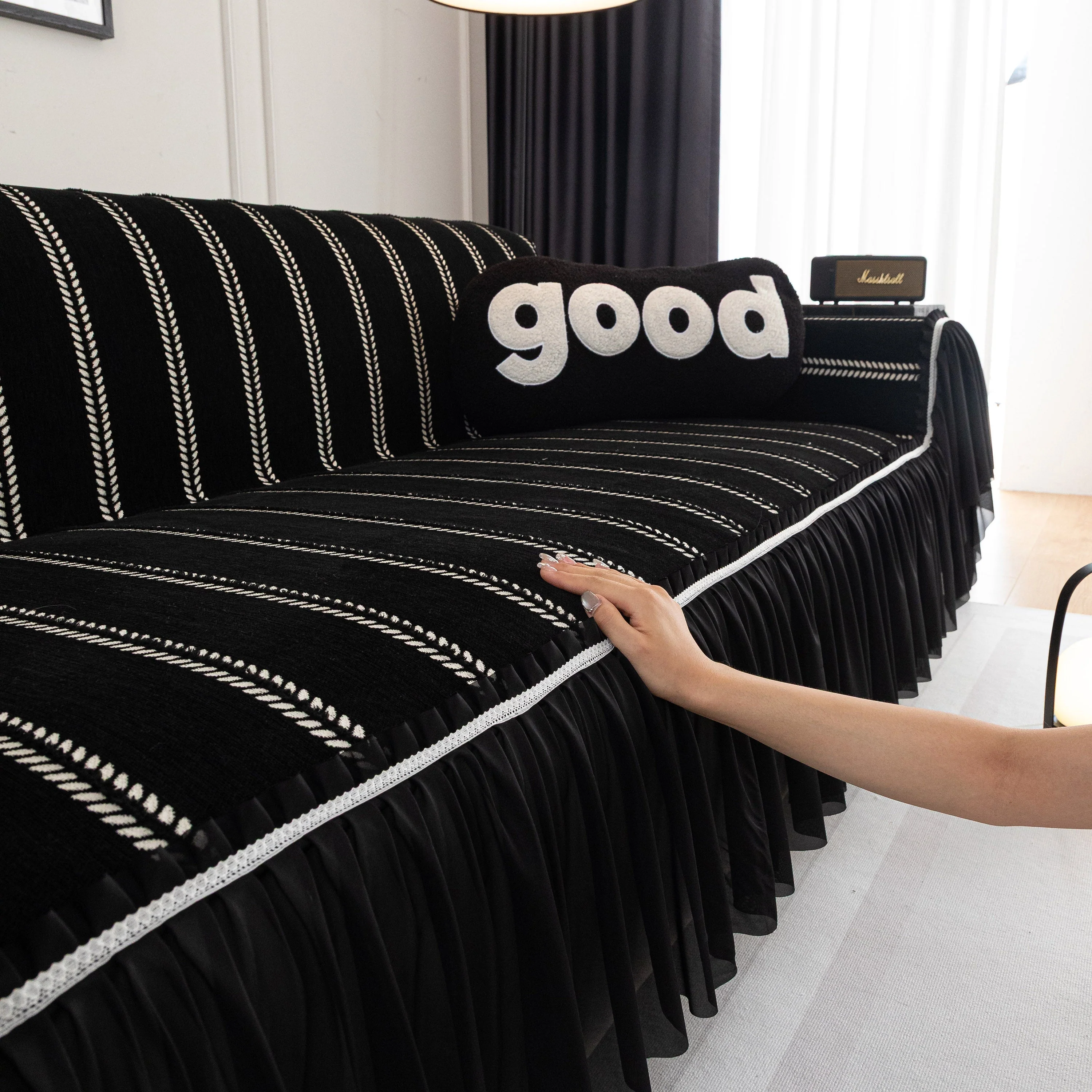 Leaf Stripe Sofa Cover with Black Sheer Skirt, Boho Soft Couch Slipcover for Pets - Image 53