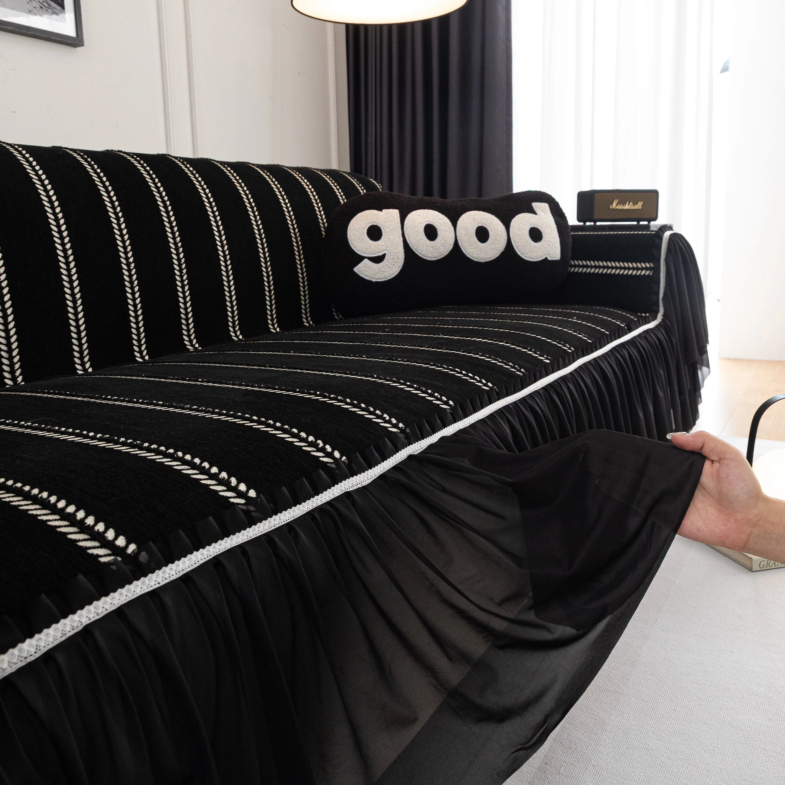 Leaf Stripe Sofa Cover with Black Sheer Skirt, Boho Soft Couch Slipcover for Pets - Image 55