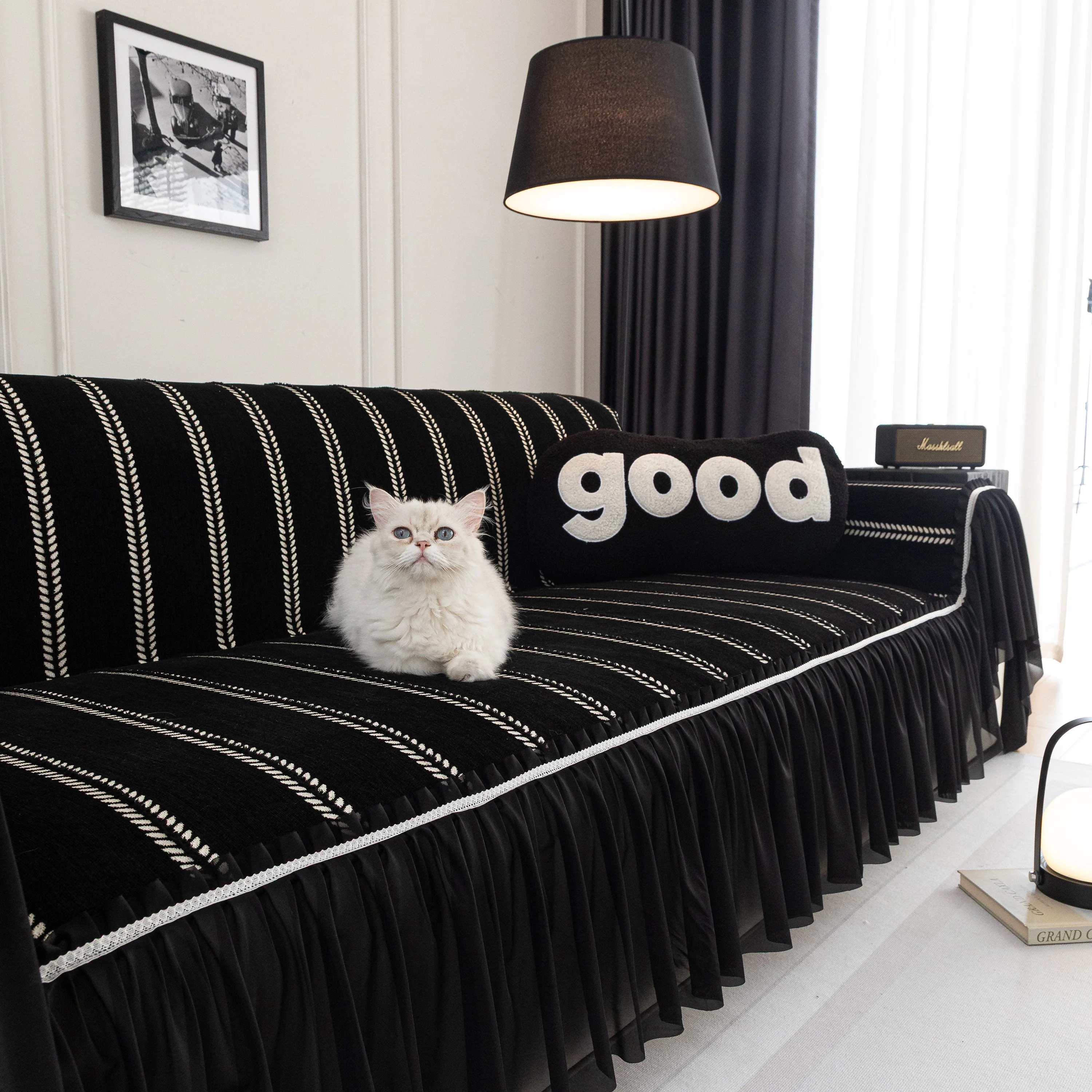Leaf Stripe Sofa Cover with Black Sheer Skirt, Boho Soft Couch Slipcover for Pets - Image 56