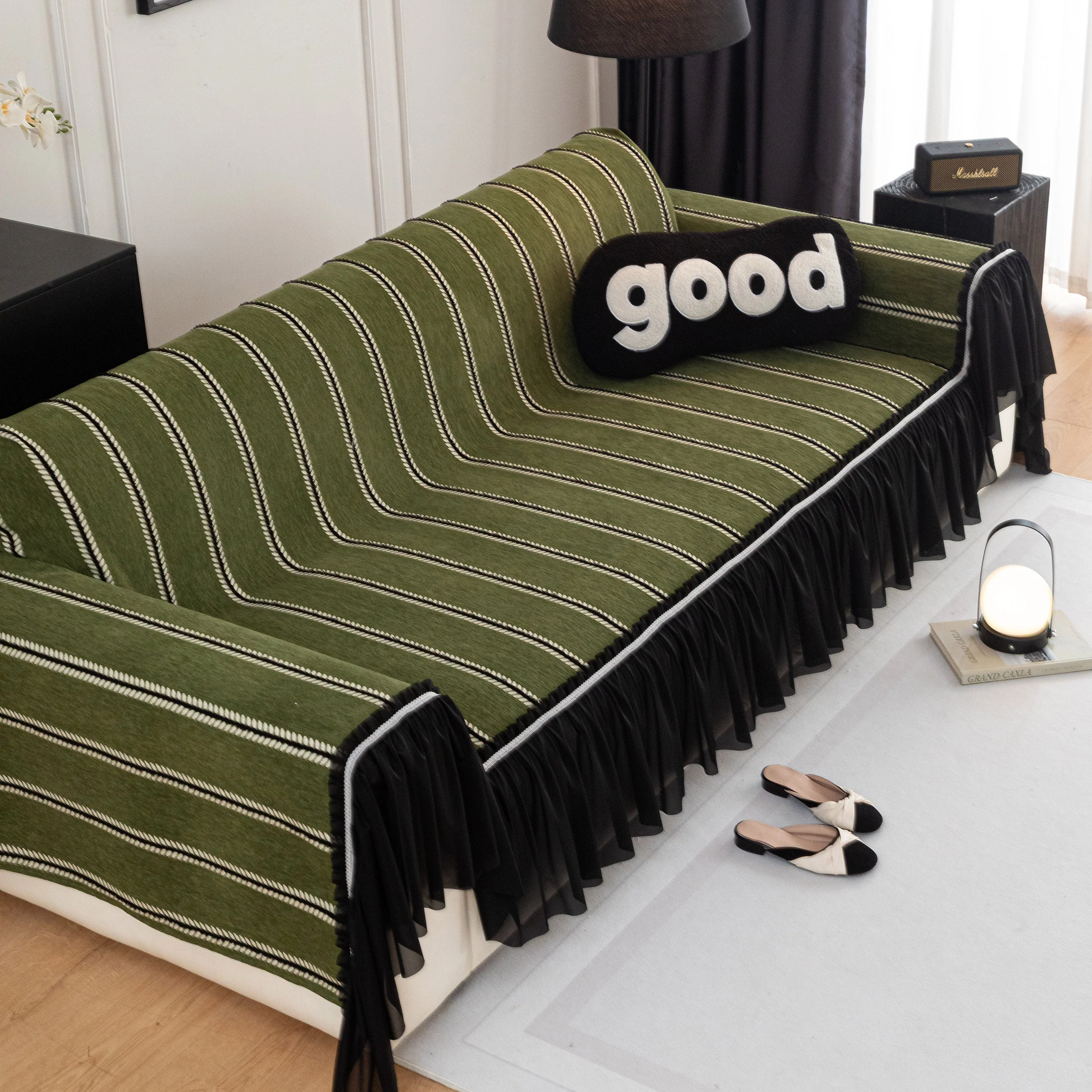 Leaf Stripe Sofa Cover with Black Sheer Skirt, Boho Soft Couch Slipcover for Pets - Image 6