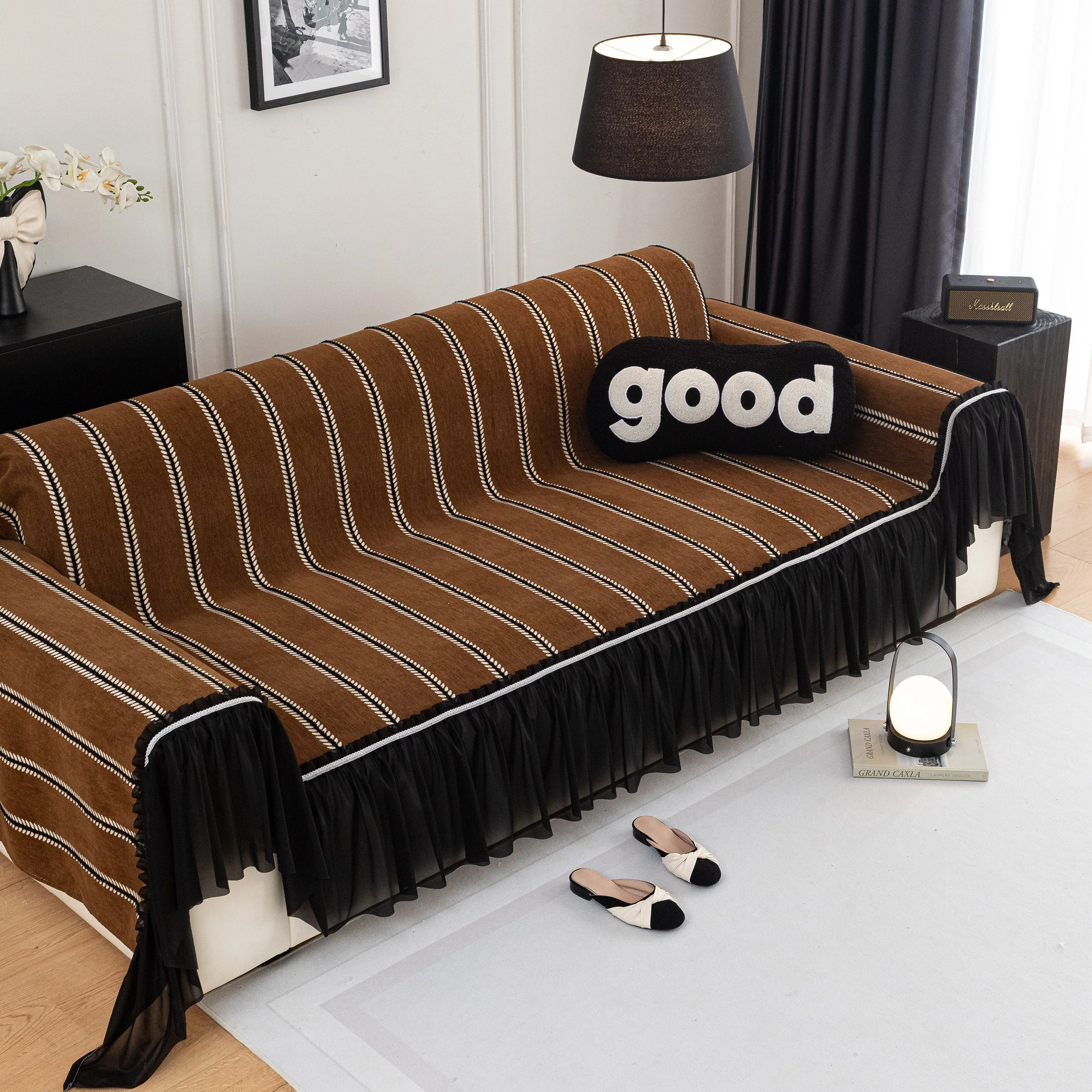 Leaf Stripe Sofa Cover with Black Sheer Skirt, Boho Soft Couch Slipcover for Pets - Image 60