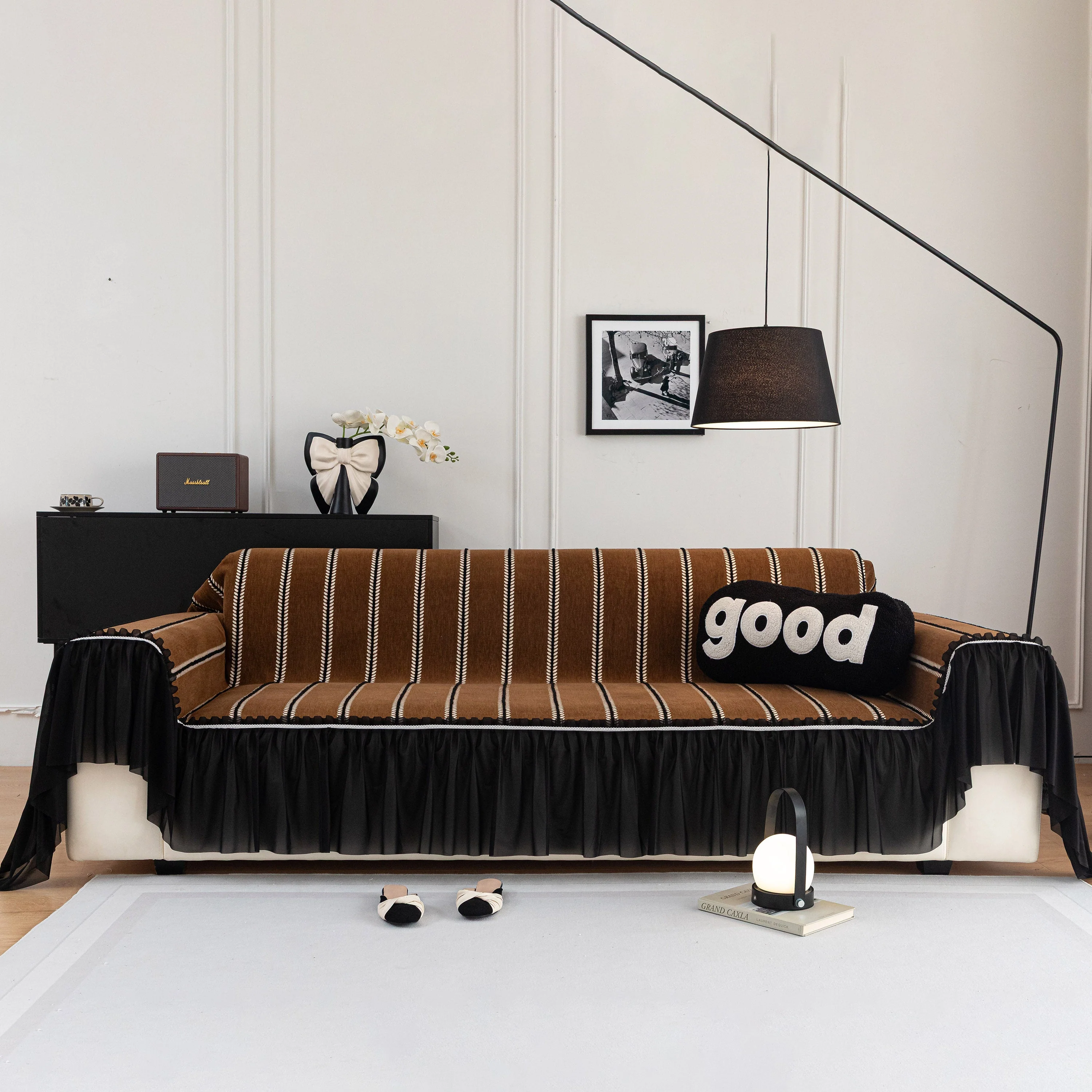 Leaf Stripe Sofa Cover with Black Sheer Skirt, Boho Soft Couch Slipcover for Pets - Image 61