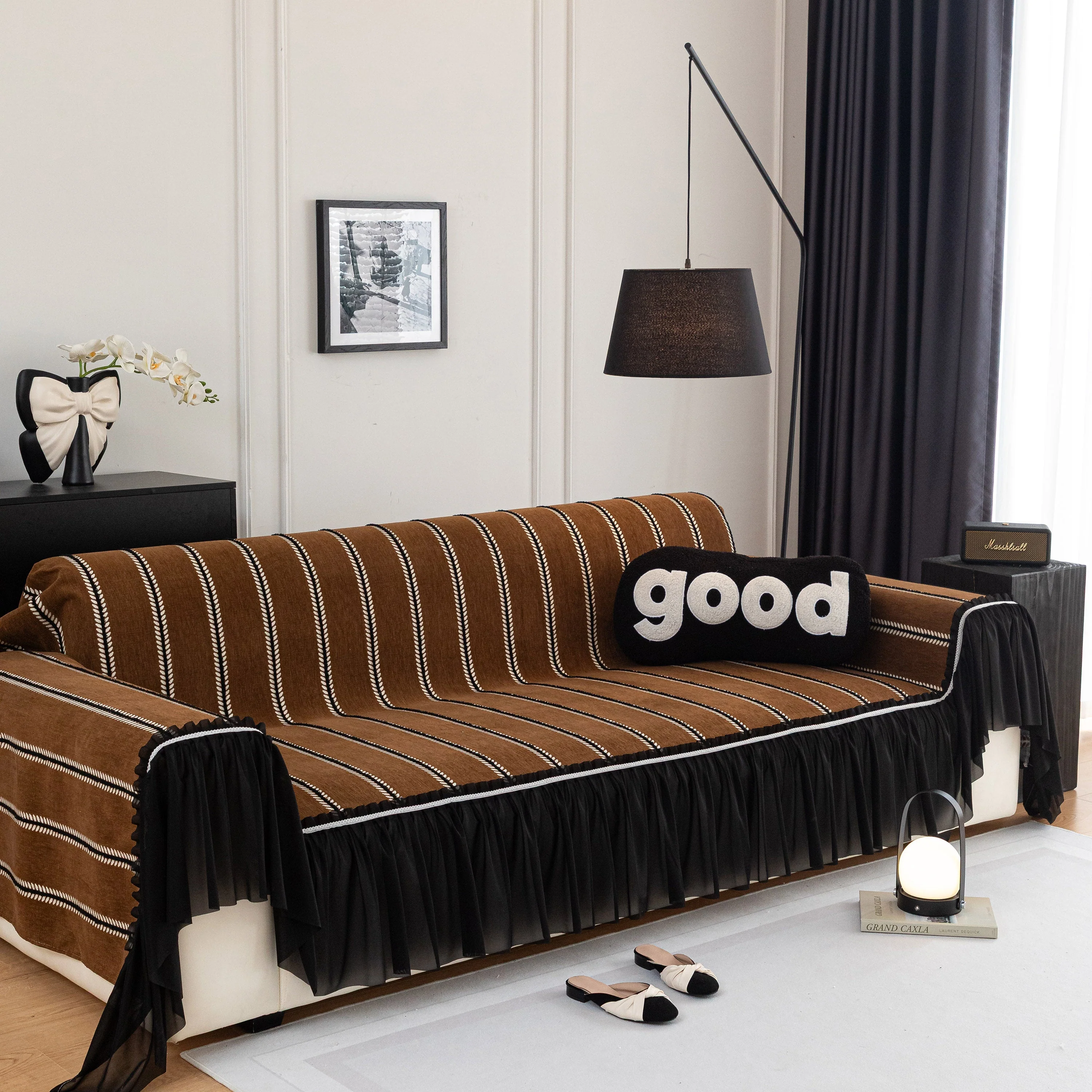 Leaf Stripe Sofa Cover with Black Sheer Skirt, Boho Soft Couch Slipcover for Pets - Image 62