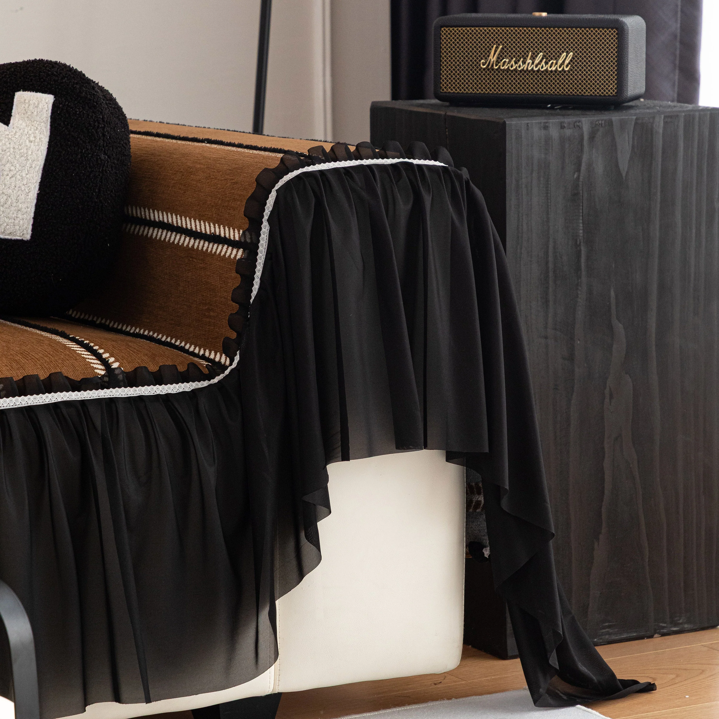 Leaf Stripe Sofa Cover with Black Sheer Skirt, Boho Soft Couch Slipcover for Pets - Image 63