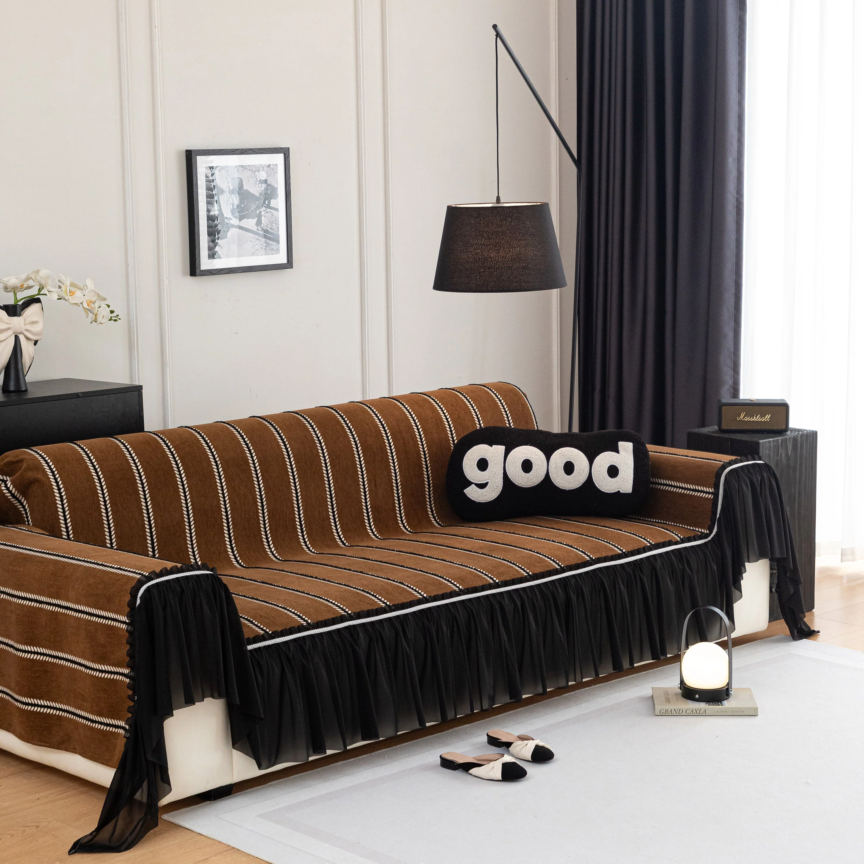 Leaf Stripe Sofa Cover with Black Sheer Skirt, Boho Soft Couch Slipcover for Pets - Image 64