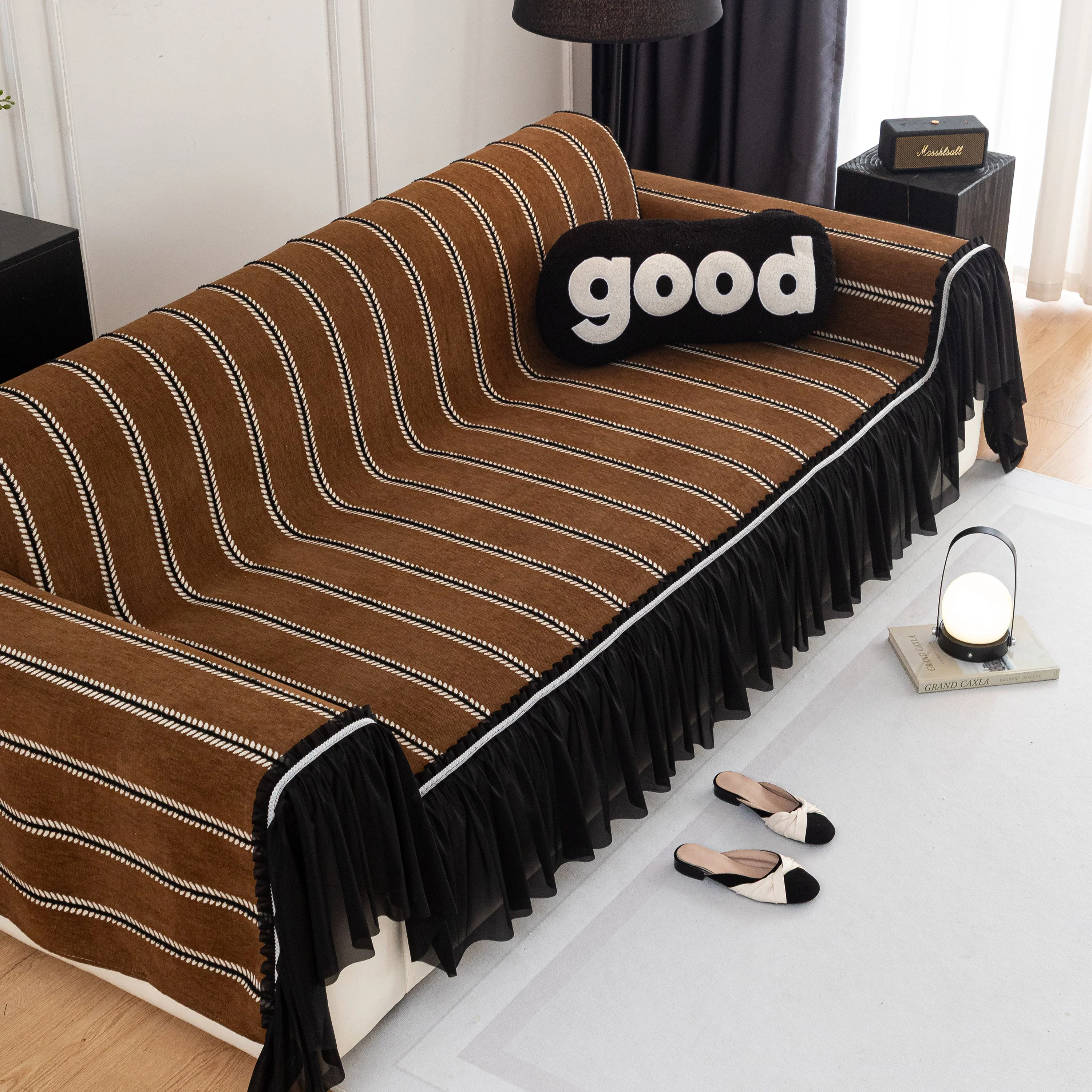 Leaf Stripe Sofa Cover with Black Sheer Skirt, Boho Soft Couch Slipcover for Pets - Image 65