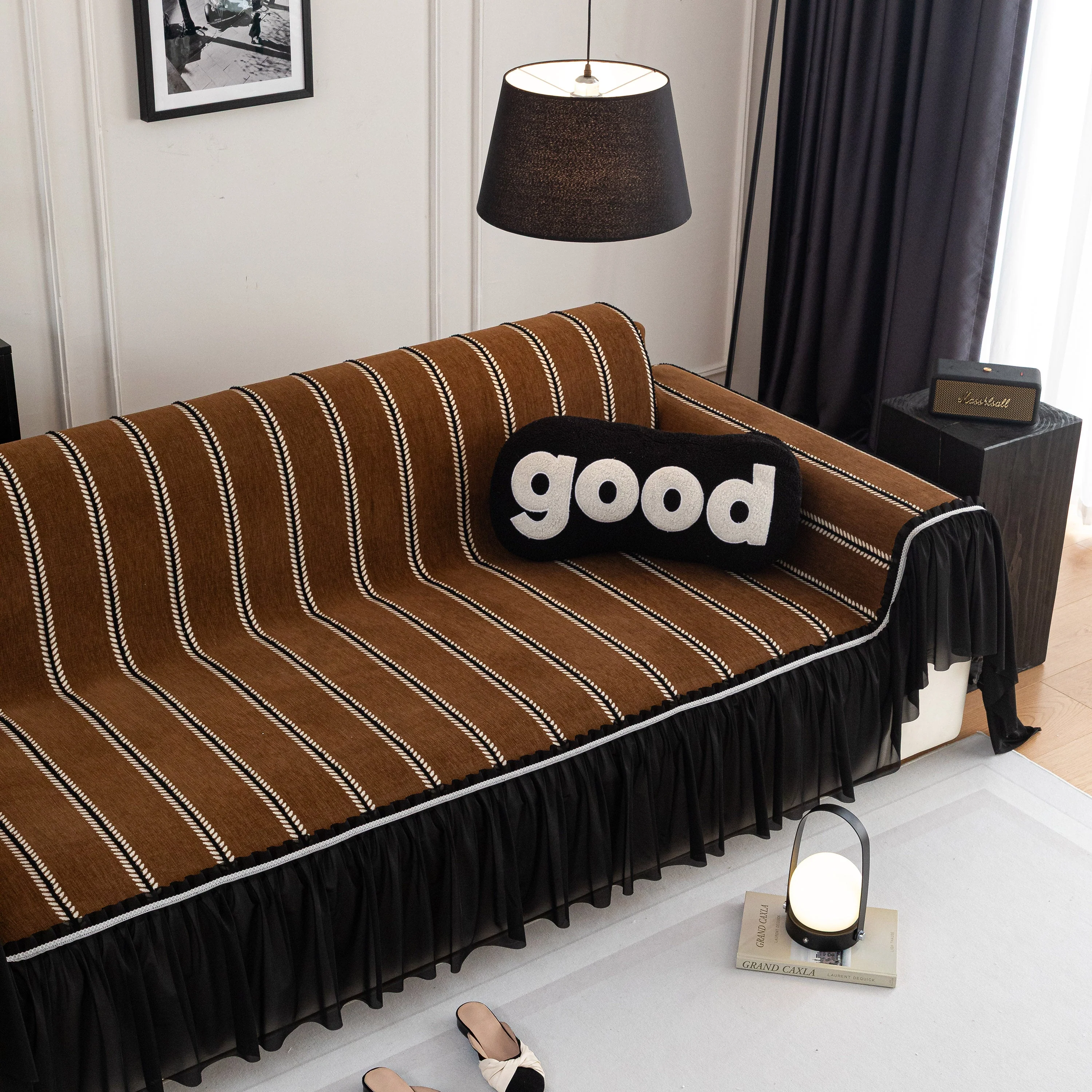 Leaf Stripe Sofa Cover with Black Sheer Skirt, Boho Soft Couch Slipcover for Pets - Image 66
