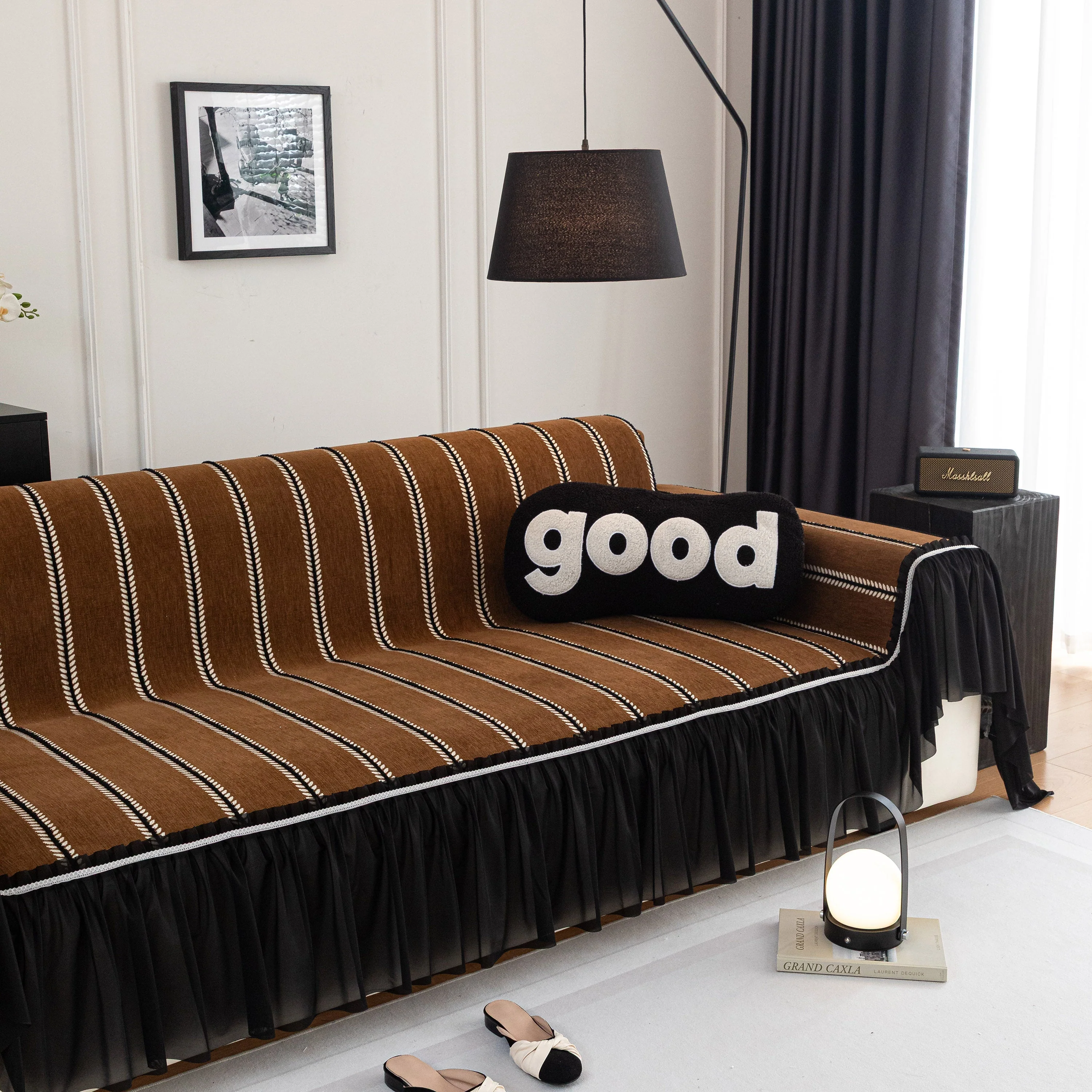 Leaf Stripe Sofa Cover with Black Sheer Skirt, Boho Soft Couch Slipcover for Pets - Image 67